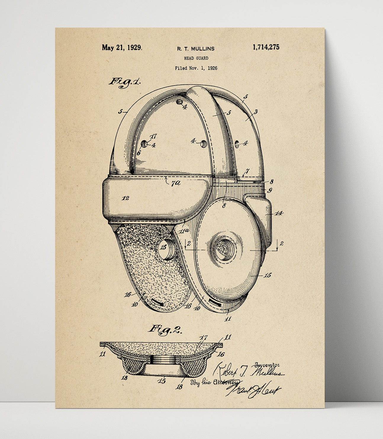 Patent Print - Head Guard - R T Mullins - 1929 - Patent 1714275 Patent Wall Art