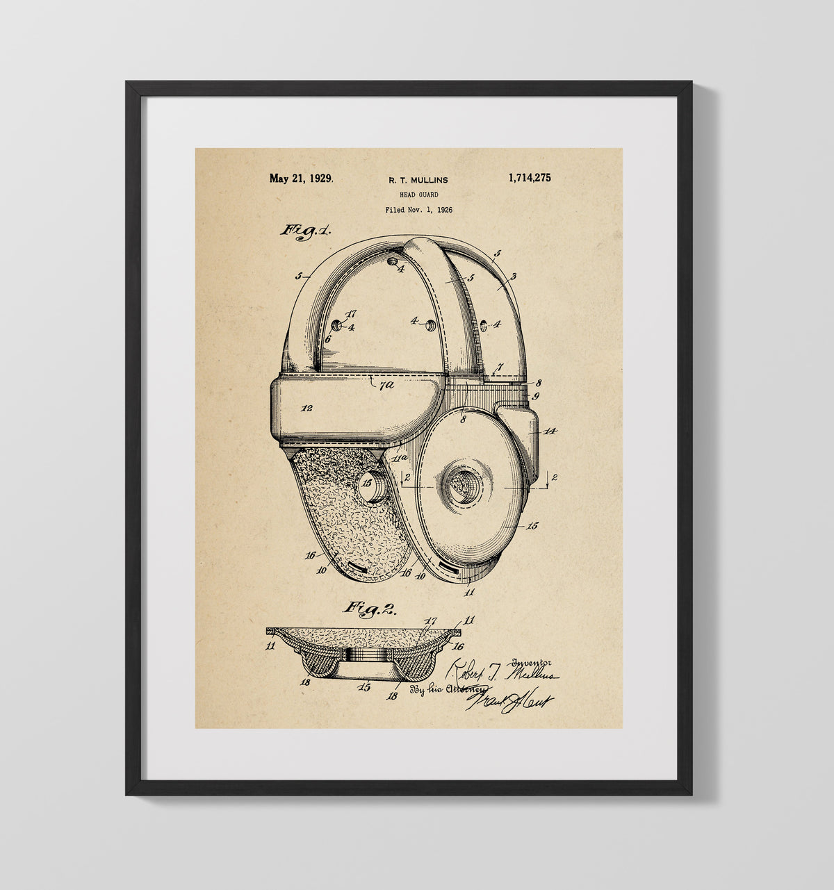 Head Guard 1929 patent print wall art 16x20 Gallery Frame