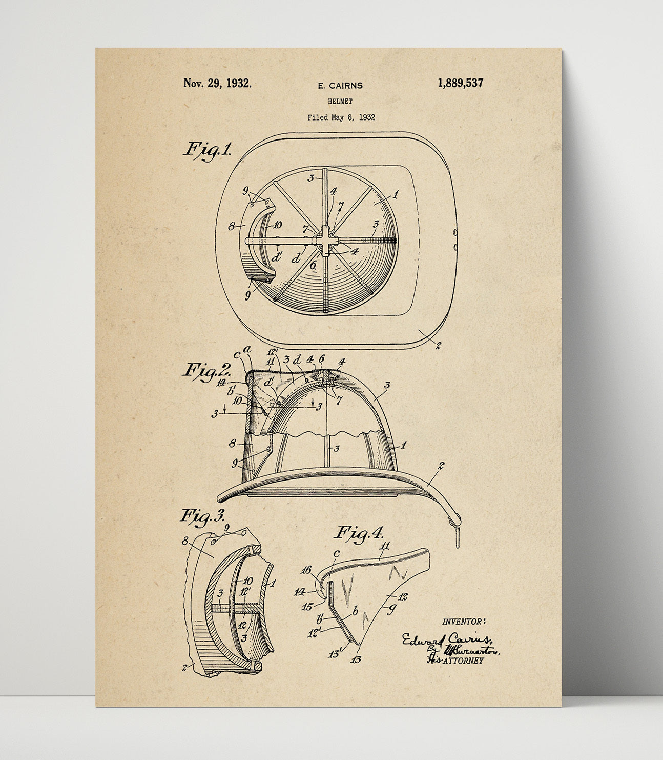 Patent Print - Helmet - E. Cairns - 1932 - Patent 1889537 Patent Wall Art