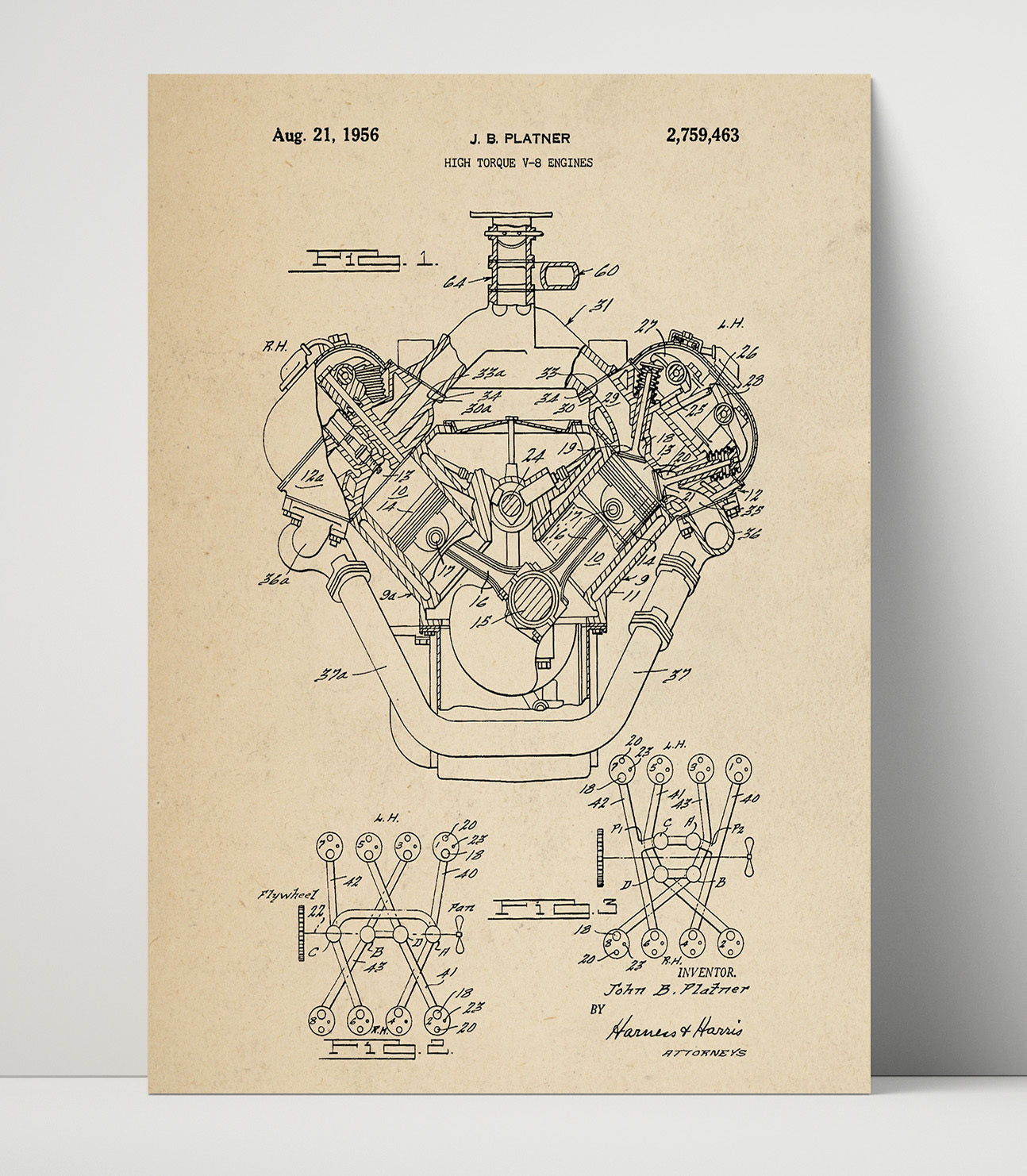 Patent Print - High Torque V-8 Engines - John B Platzner - 1956 - Patent 2759463 Patent Wall Art