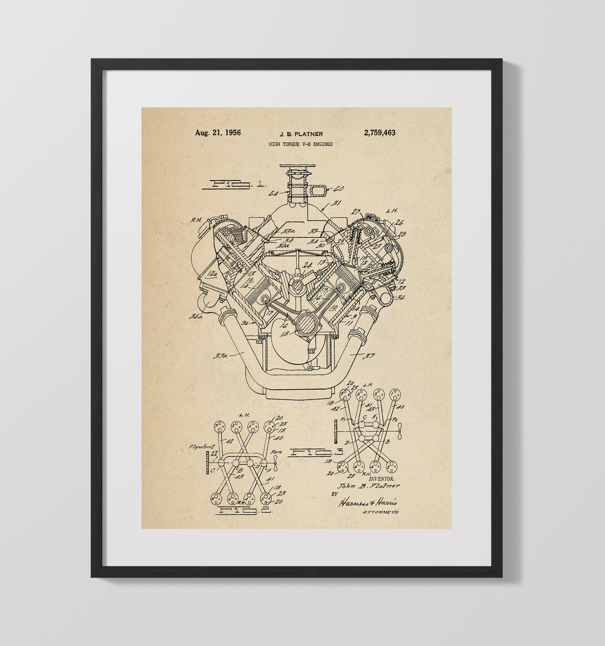 High Torque V-8 Engines 1956 patent print wall art 16x20 Gallery Frame