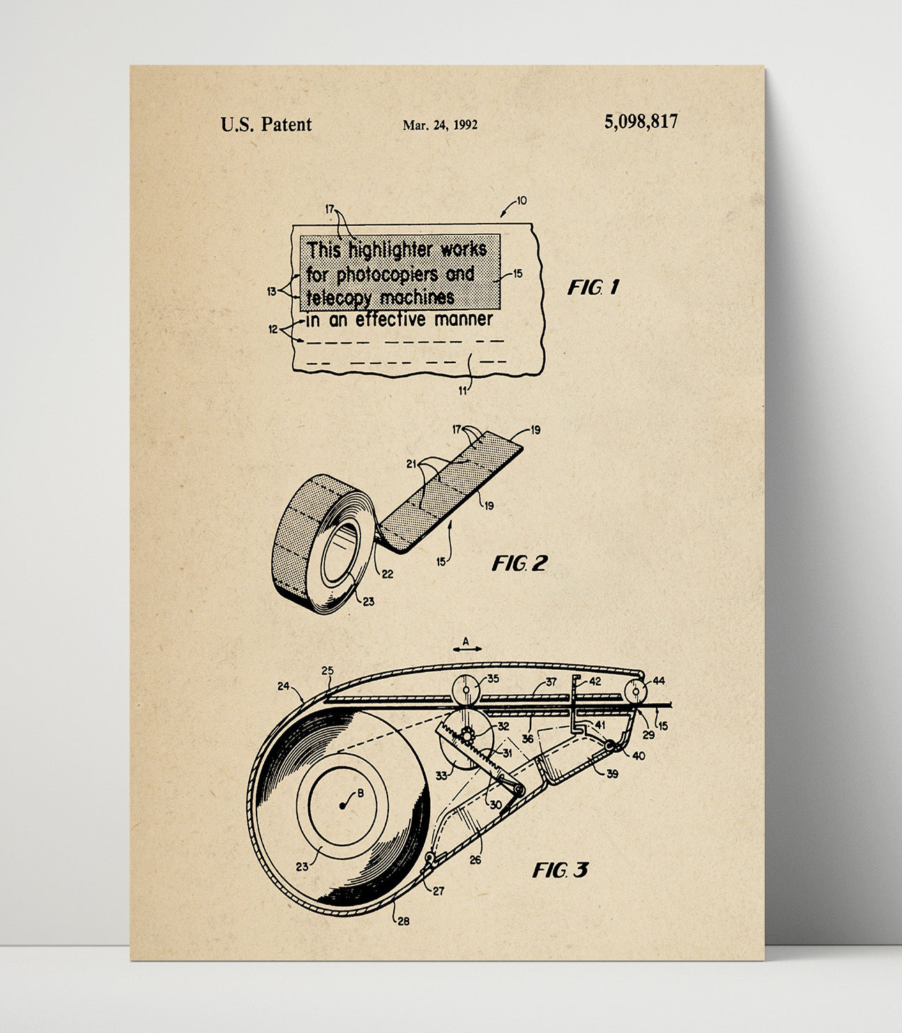 Patent Print - Highlighting Tape Dispenser - Unknown Inventor - 1992 - Patent 5098817 Patent Wall Art