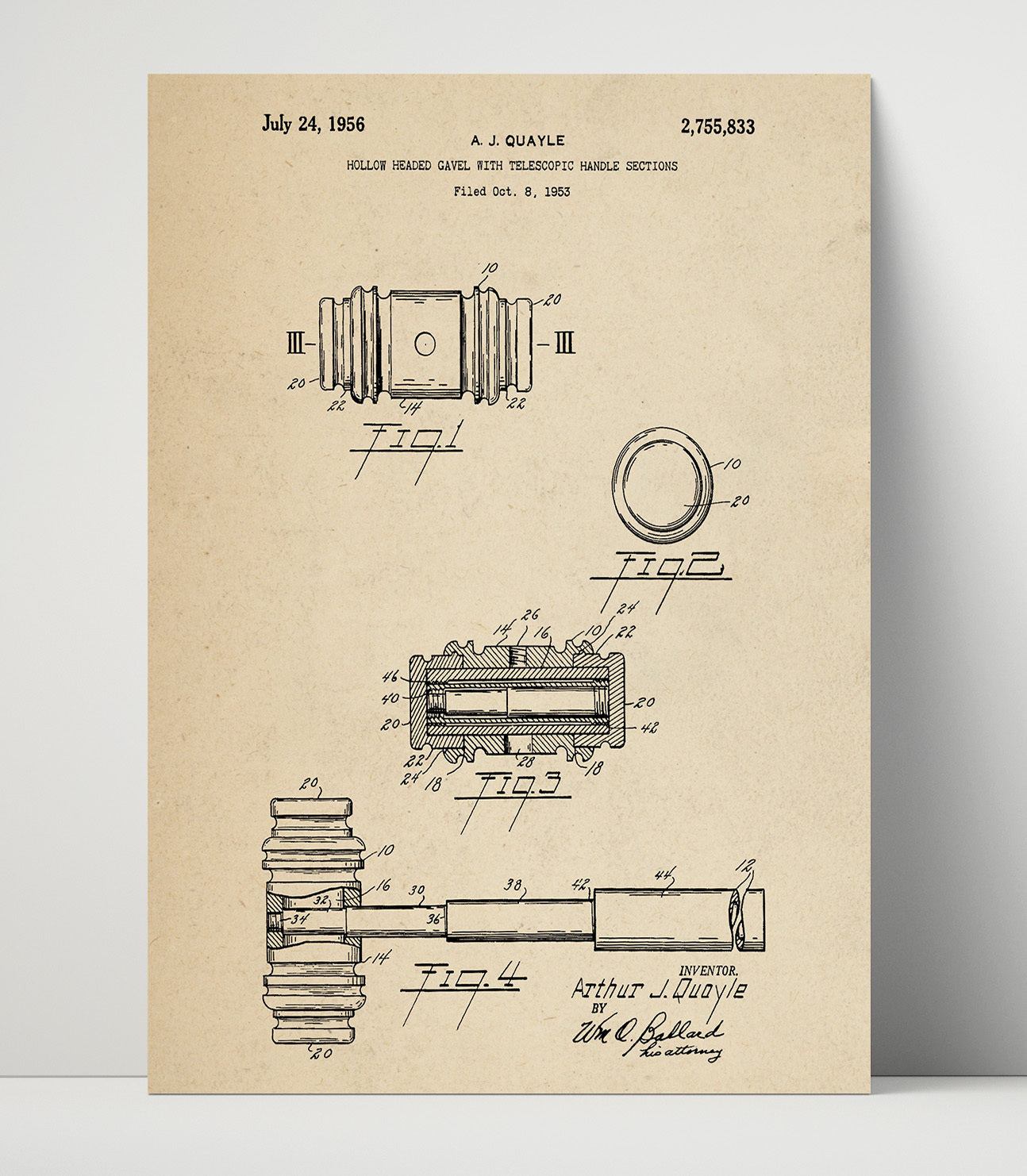 Patent Print - Hollow Headed Gavel With Telescopic Handle Sections - A. J. Quayle - 1956 - Patent 2755833 Patent Wall Art