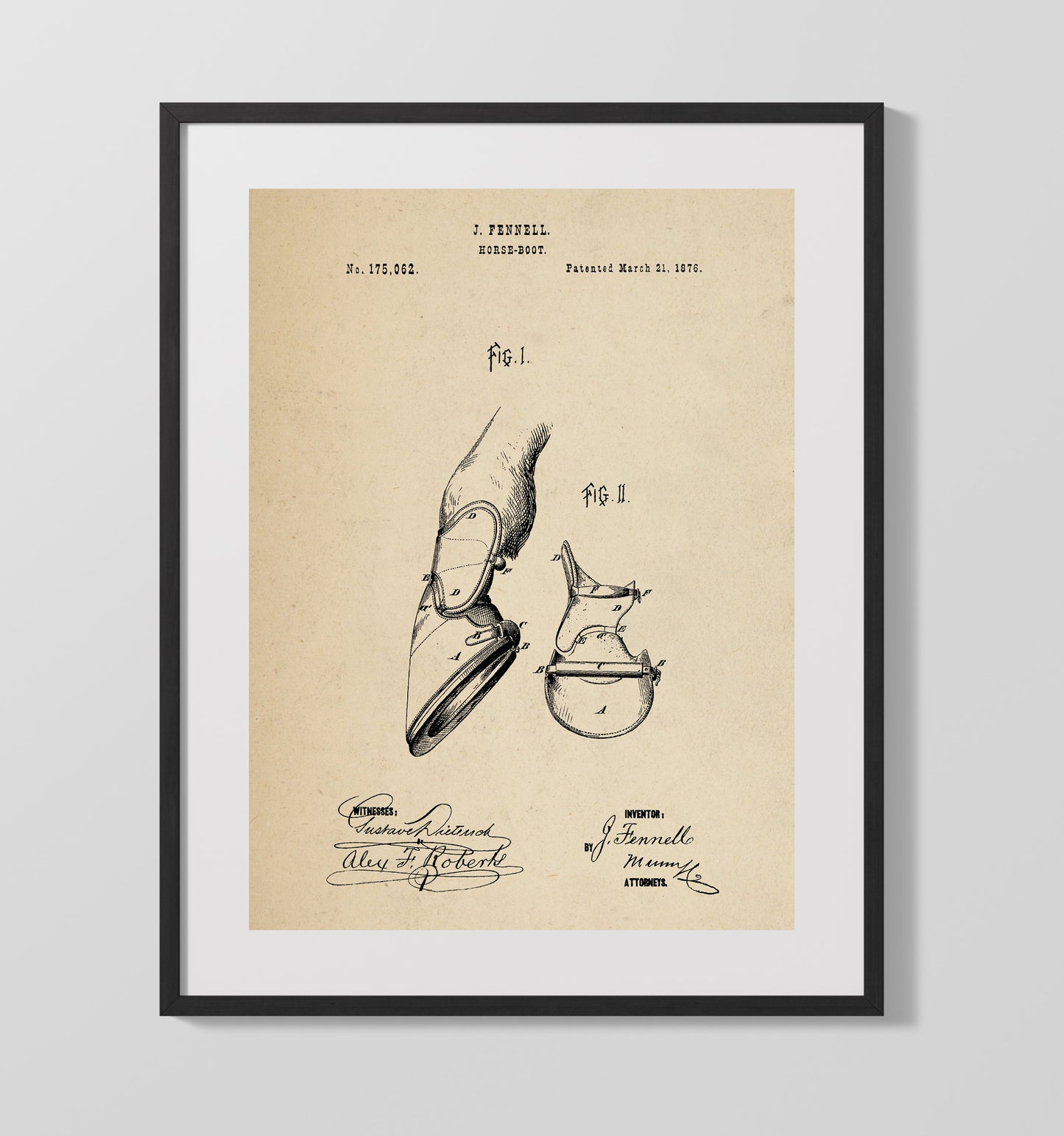 Horse Boot 1876 patent print wall art 16x20 Gallery Frame