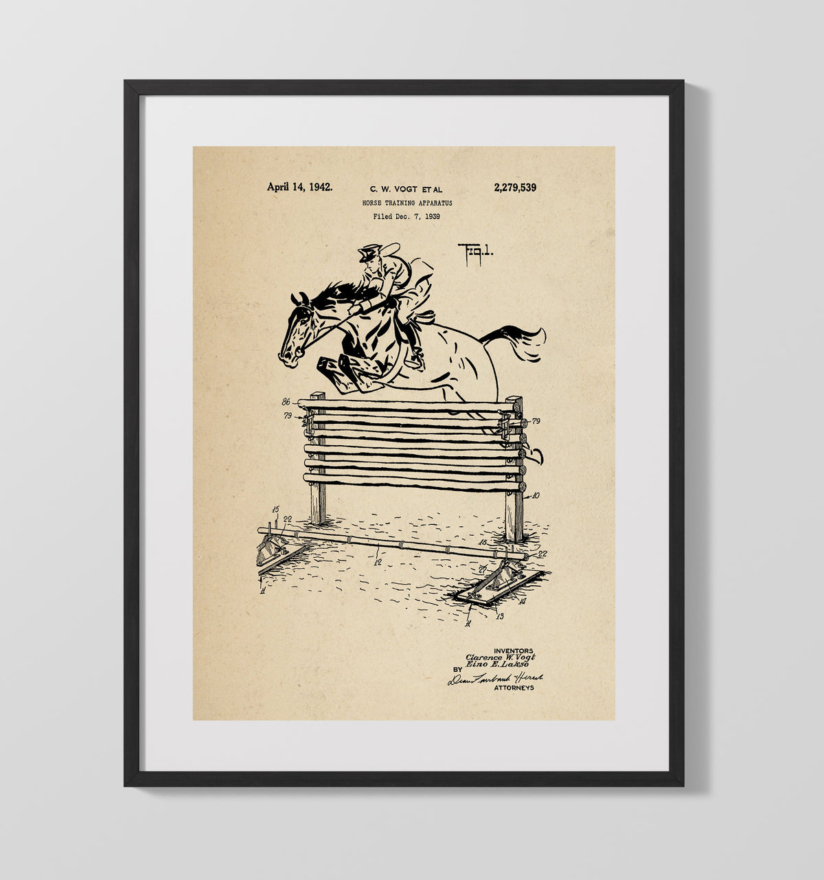 Horse Training Apparatus 1942 patent print wall art 16x20 Gallery Frame