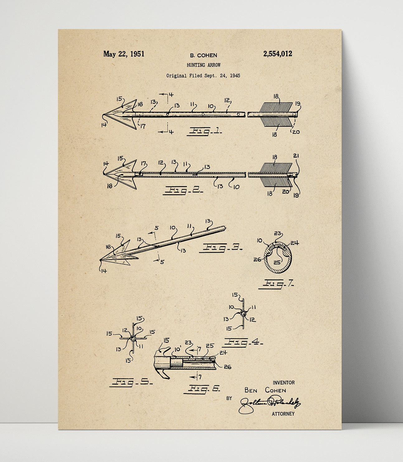 Patent Print - Hunting Arrow - Ben Cohen - 1951 - Patent 2554012 Patent Wall Art