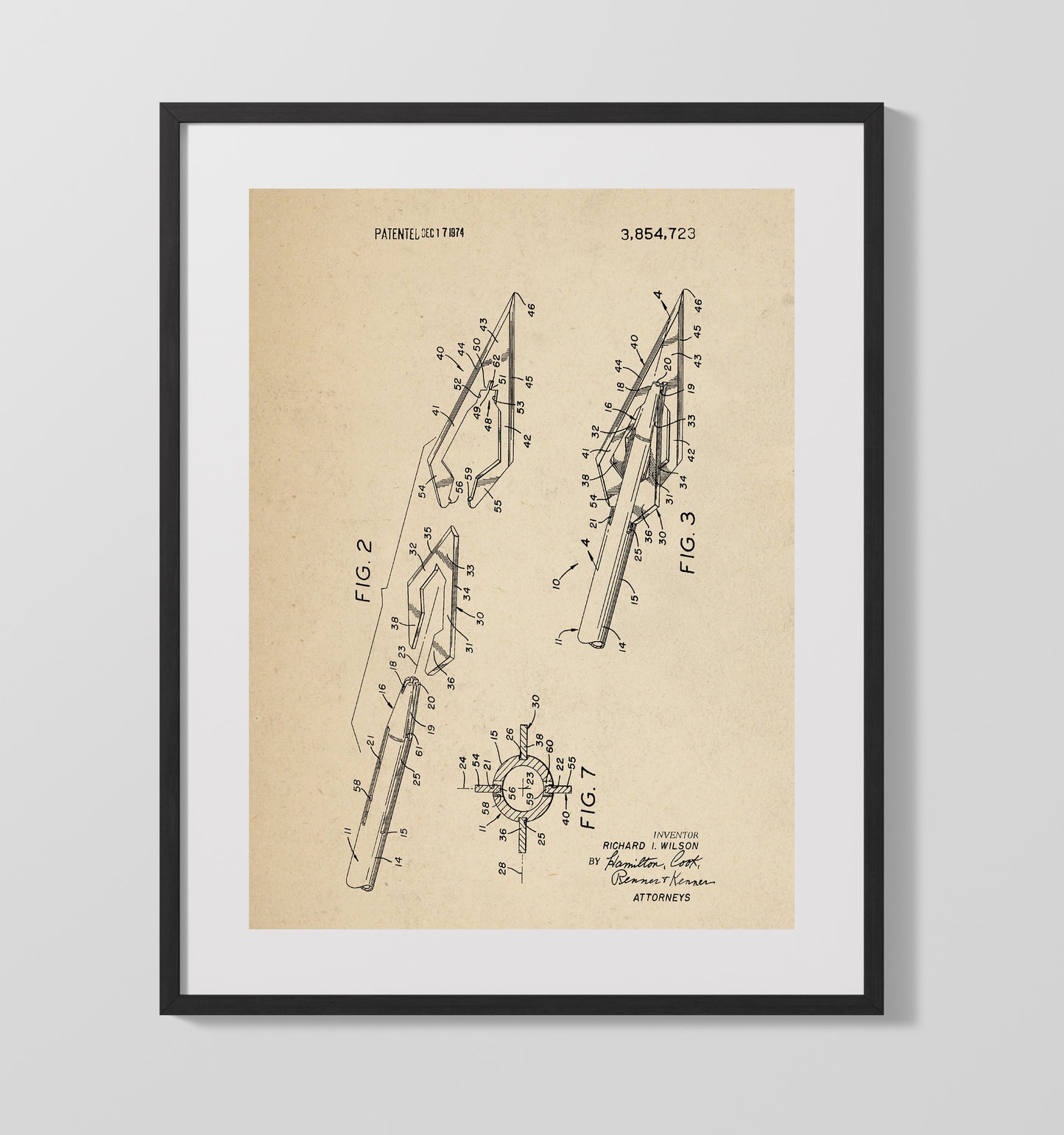Hunting Arrow Mechanism 1974 patent print wall art 16x20 Gallery Frame