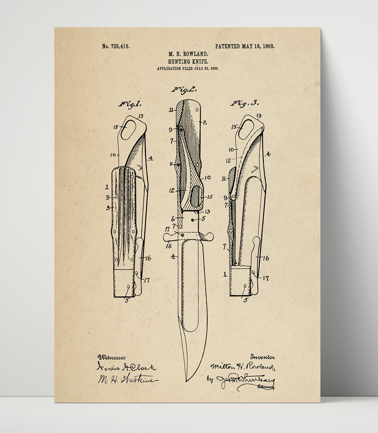 Patent Print - Hunting Knife - Milton H. Rowland - 1903 - Patent 728416 Patent Wall Art