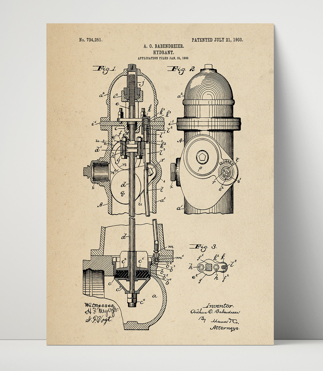Patent Print - Hydrant - A. O. Babendreier - 1903 - Patent 734251 Patent Wall Art
