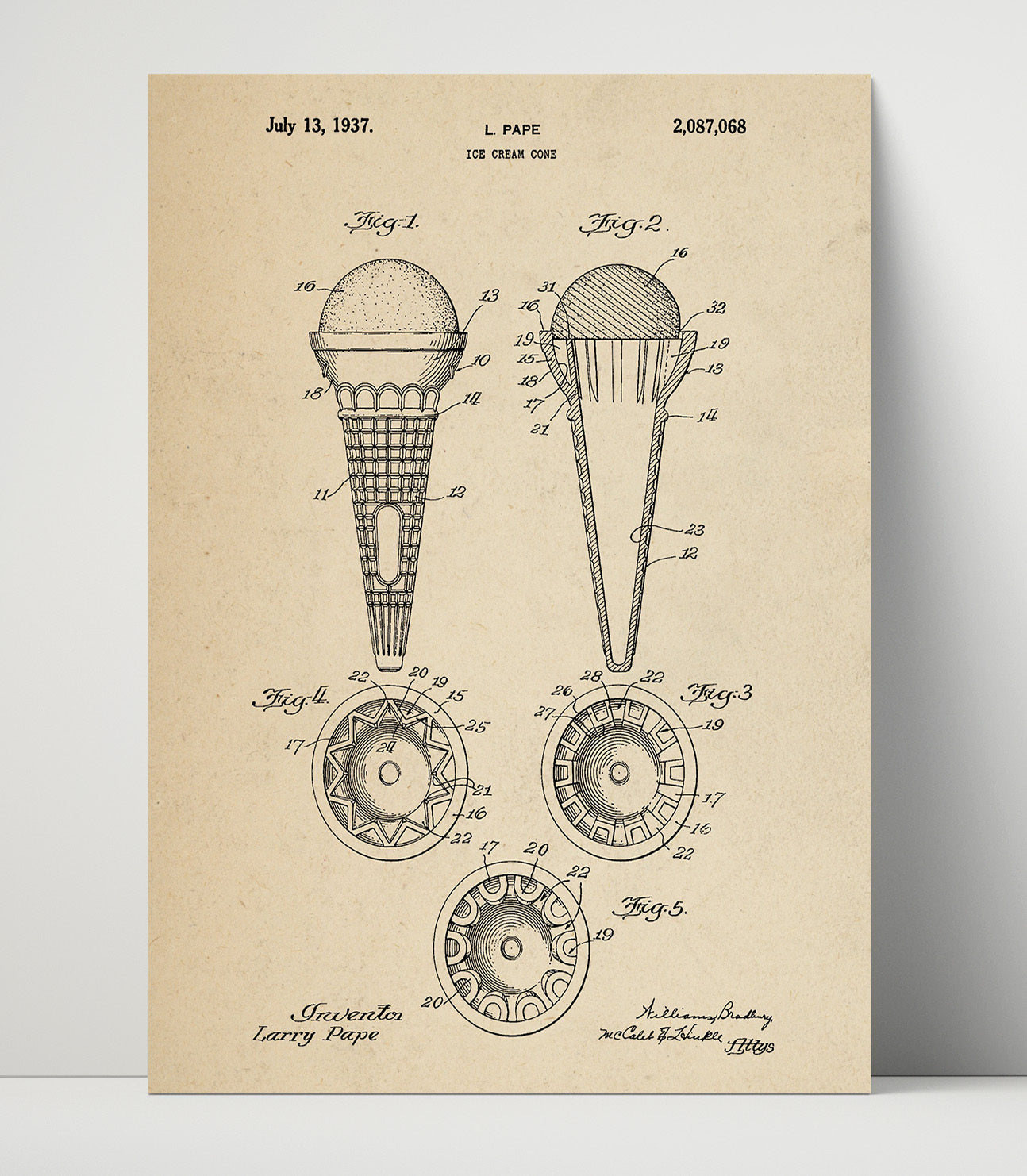 Patent Print - Ice Cream Cone - L. Pape - 1937 - Patent 2087068 Patent Wall Art