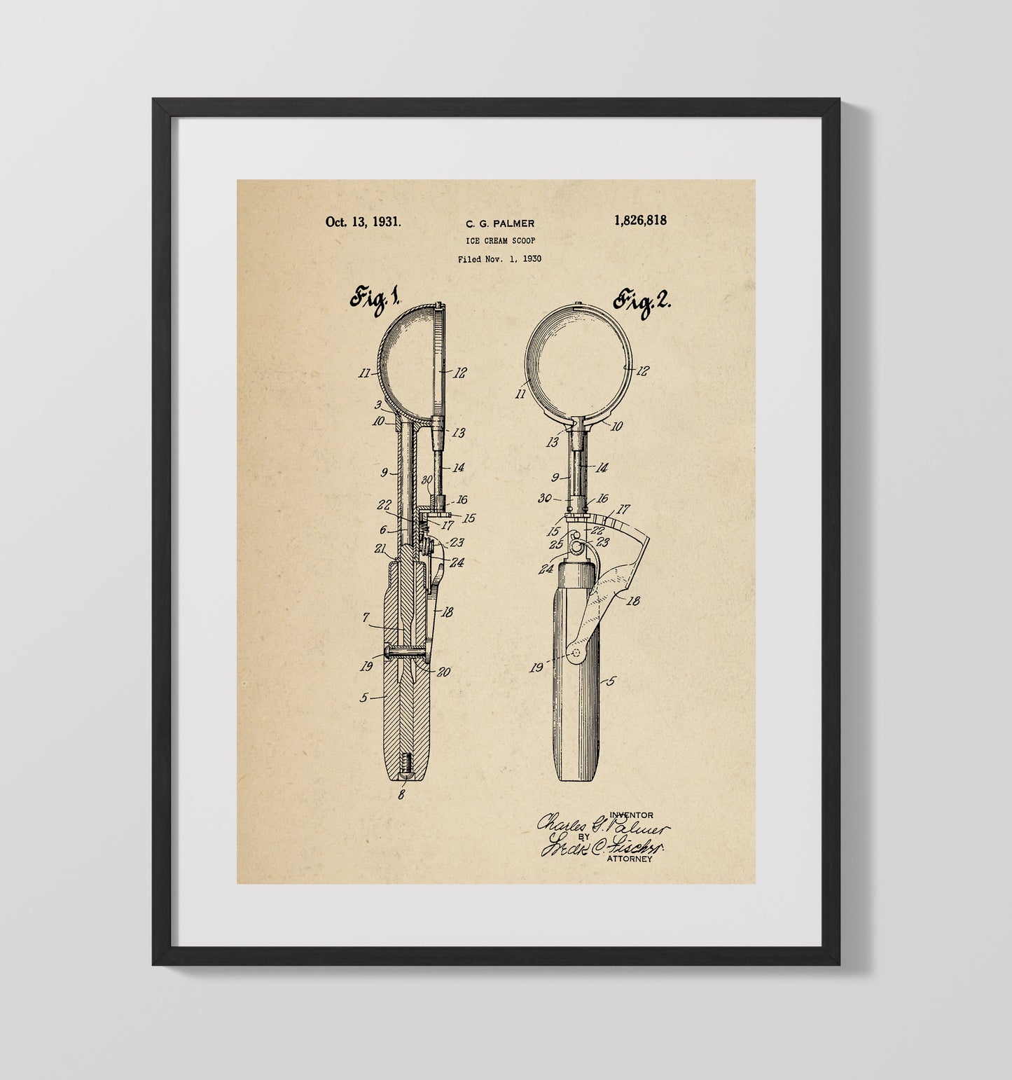 Ice Cream Scoop 1931 patent print wall art 16x20 Gallery Frame