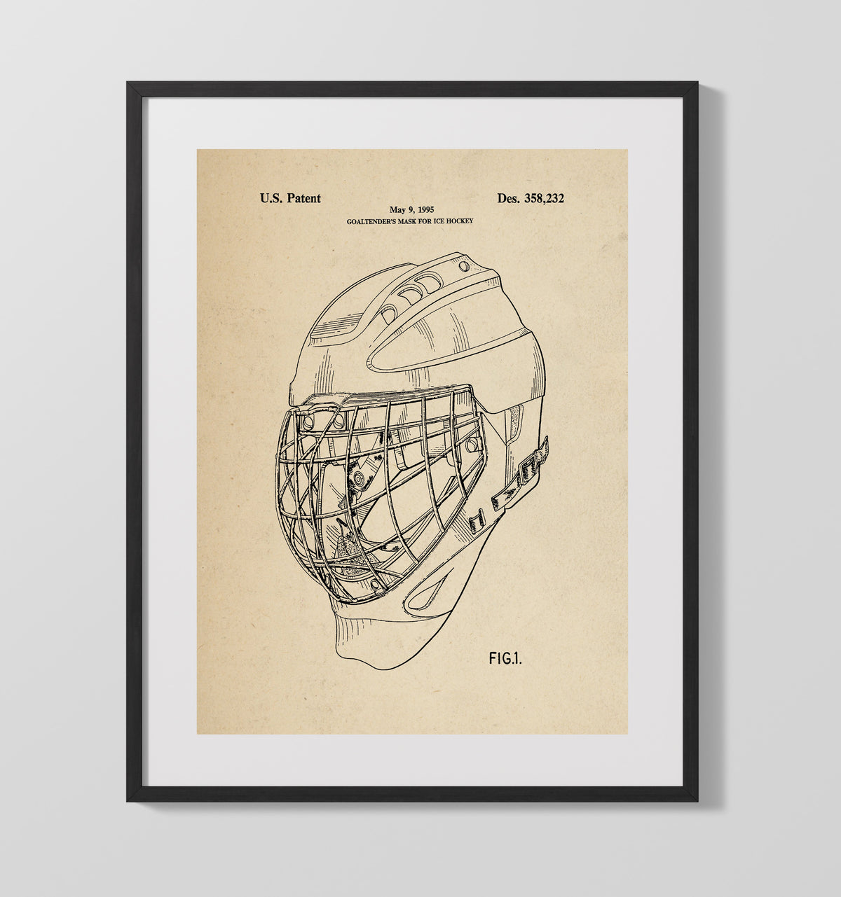 Ice Hockey Goaltender Mask 1995 patent print wall art 16x20 Gallery Frame