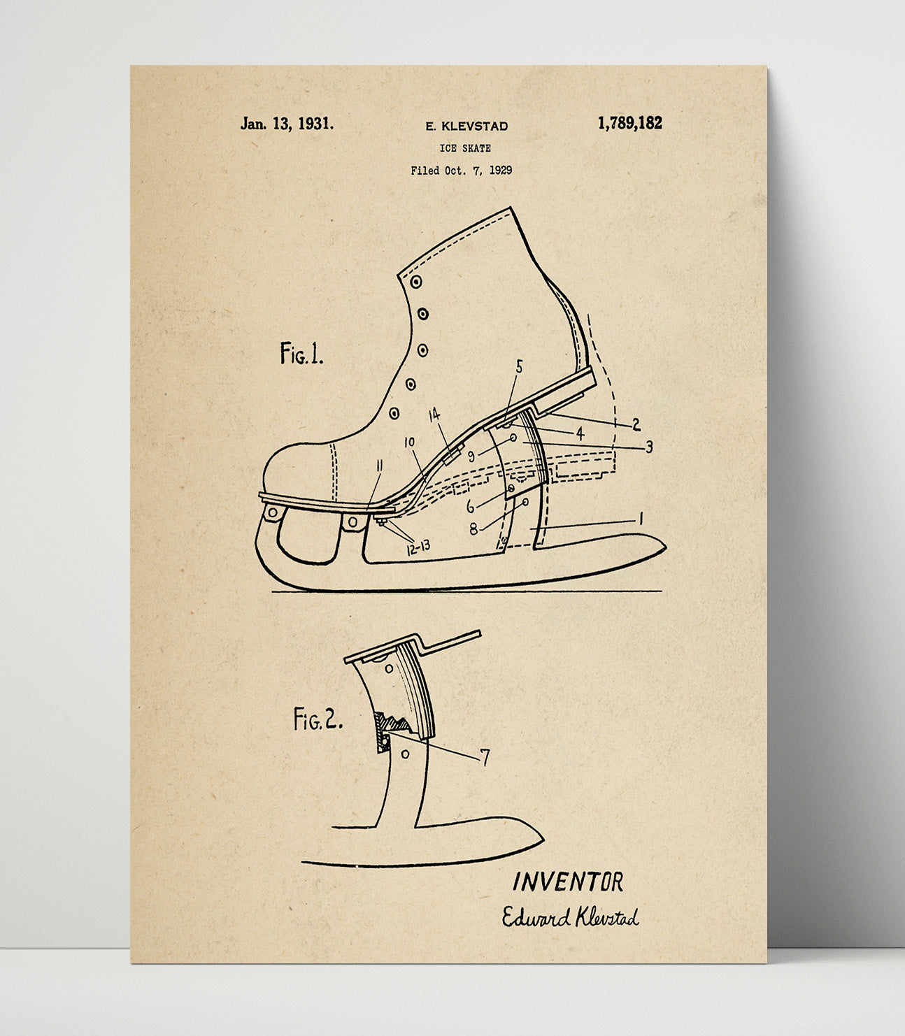 Patent Print - Ice Skate - E Klevstad - 1931 - Patent 1789182 Patent Wall Art