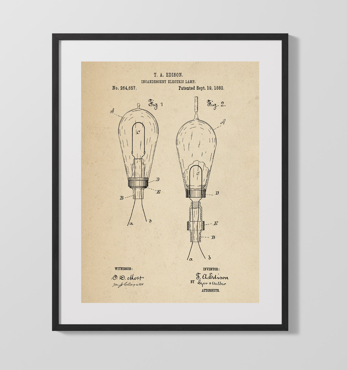 Incandescent Electric Lamp 1882 patent print wall art 16x20 Gallery Frame