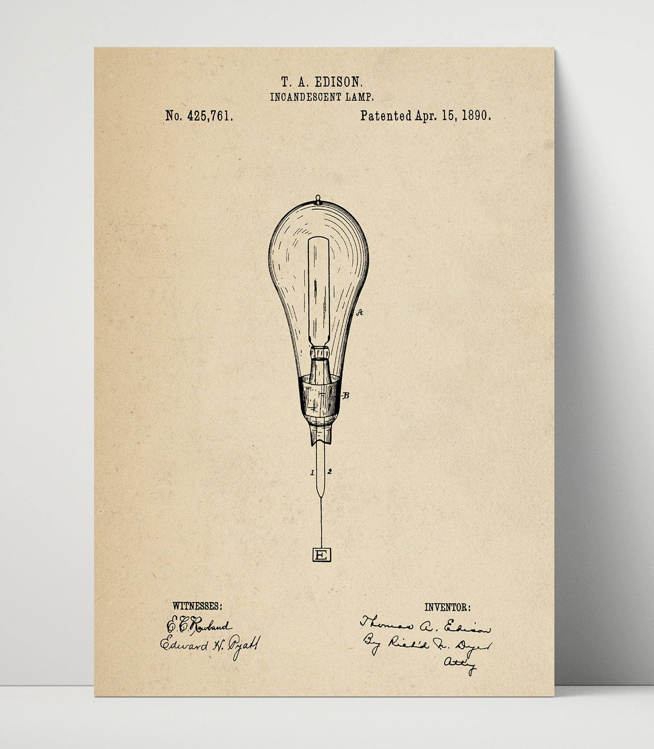 Patent Print - Incandescent Lamp - Thomas A Edison - 1890 - Patent 425761 Patent Wall Art