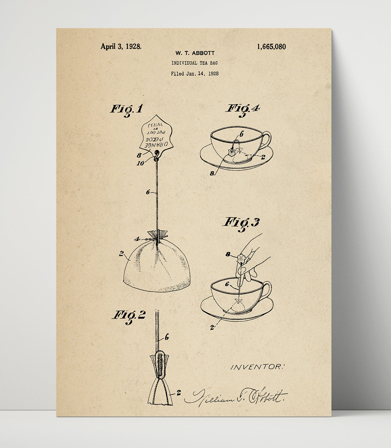 Patent Print - Individual Tea Bag - W.T. Abbott - 1928 - Patent 1665080 Patent Wall Art