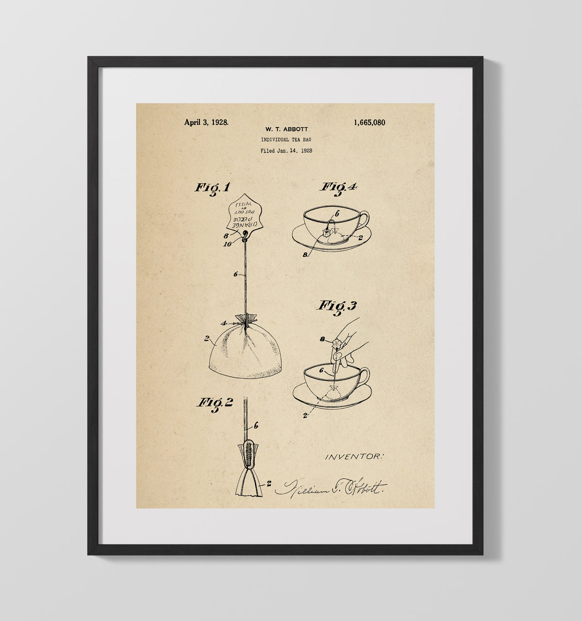 Individual Tea Bag 1928 patent print wall art 16x20 Gallery Frame
