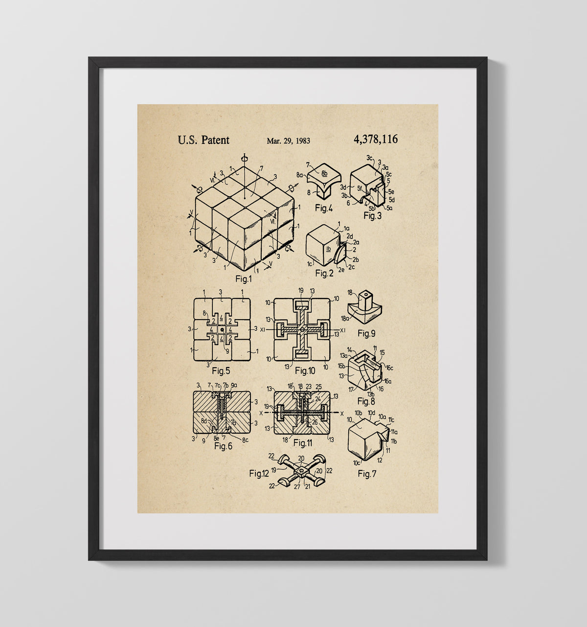 Interlocking Puzzle Cube 1983 patent print wall art 16x20 Gallery Frame
