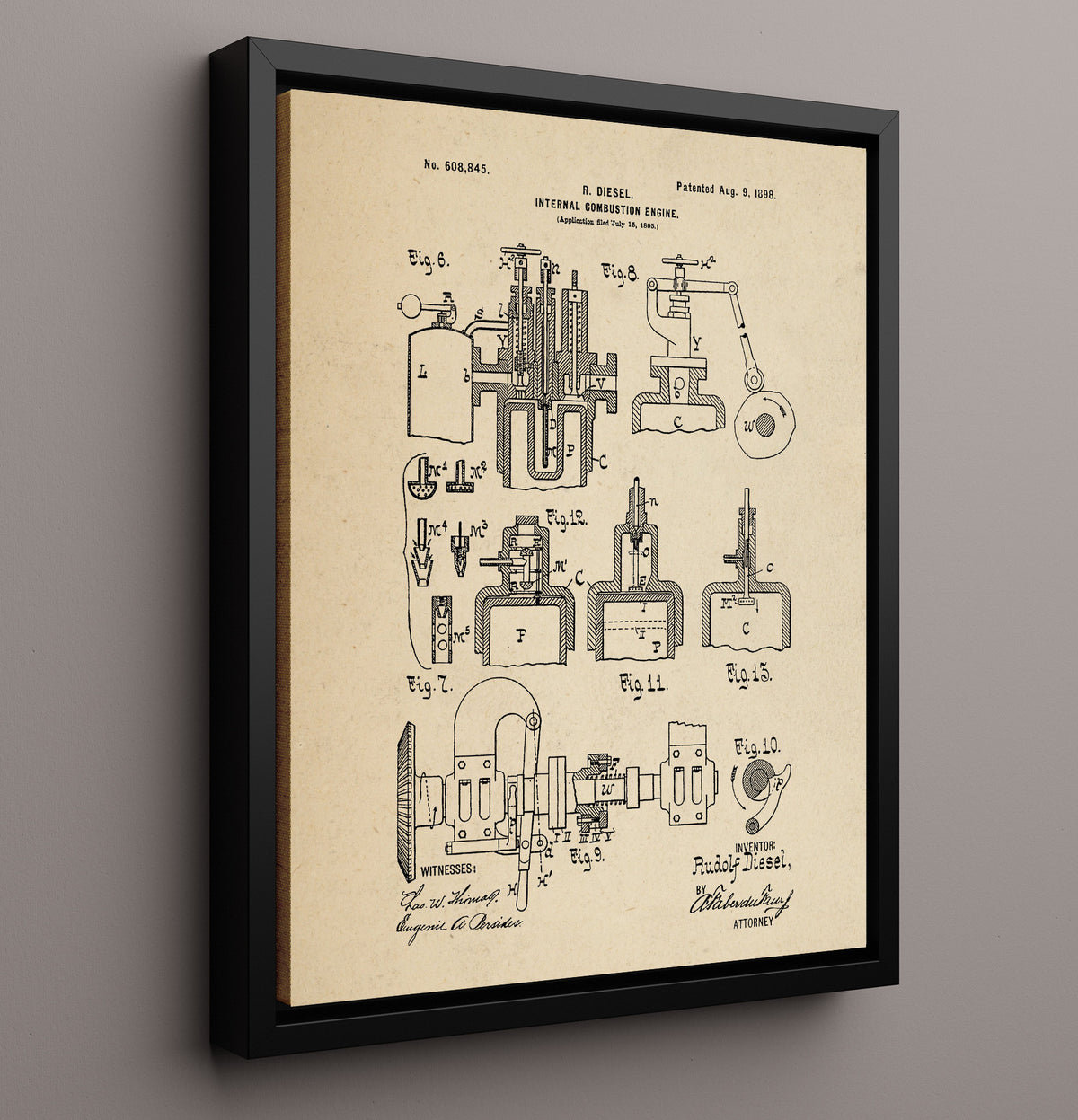 Internal Combustion Engine - 1898 Patent - 16x20 Framed Canvas