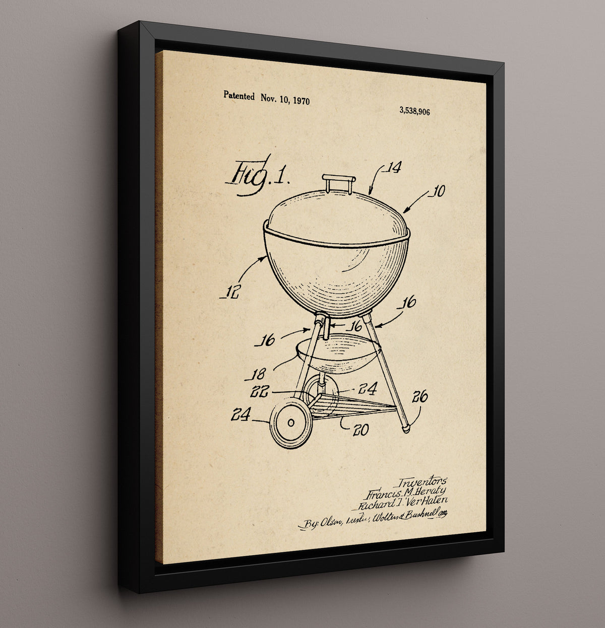 Kettle Grill - 1970 Patent - 16x20 Framed Canvas