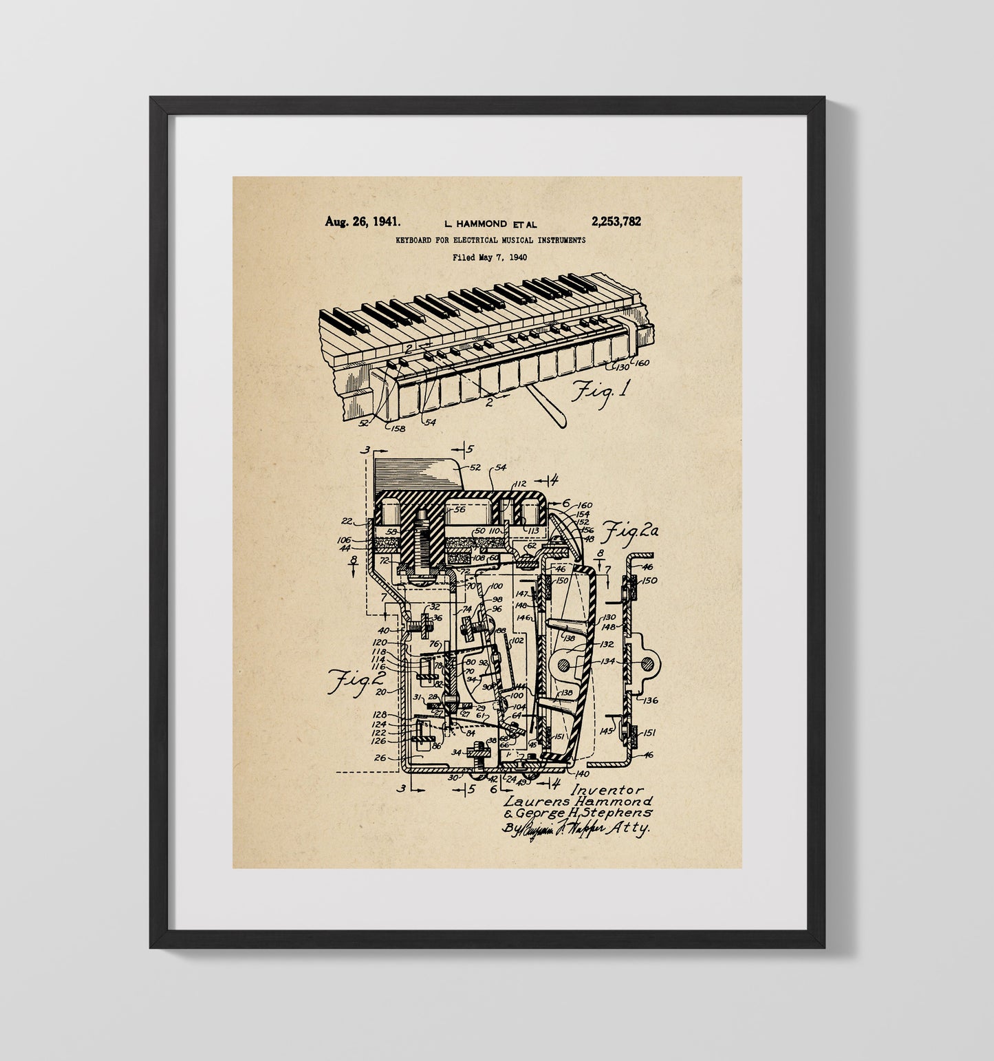 Keyboard For Electrical Musical Instruments 1941 patent print wall art 16x20 Gallery Frame