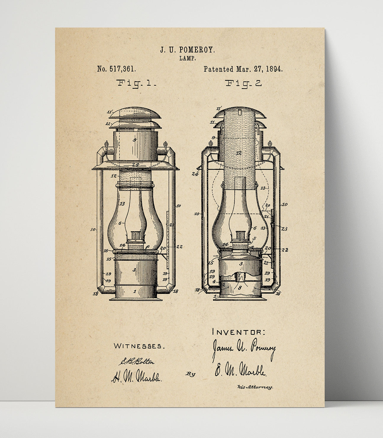 Patent Print - Lamp - J. U. Pomeroy - 1894 - Patent 517361 Patent Wall Art
