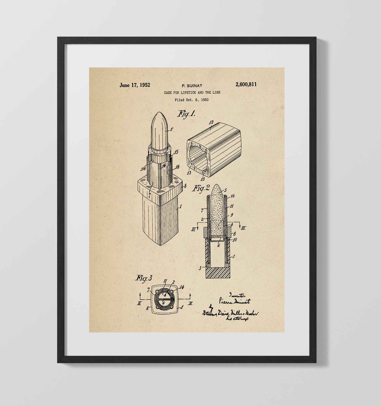 Lipstick Case 1952 patent print wall art 16x20 Gallery Frame