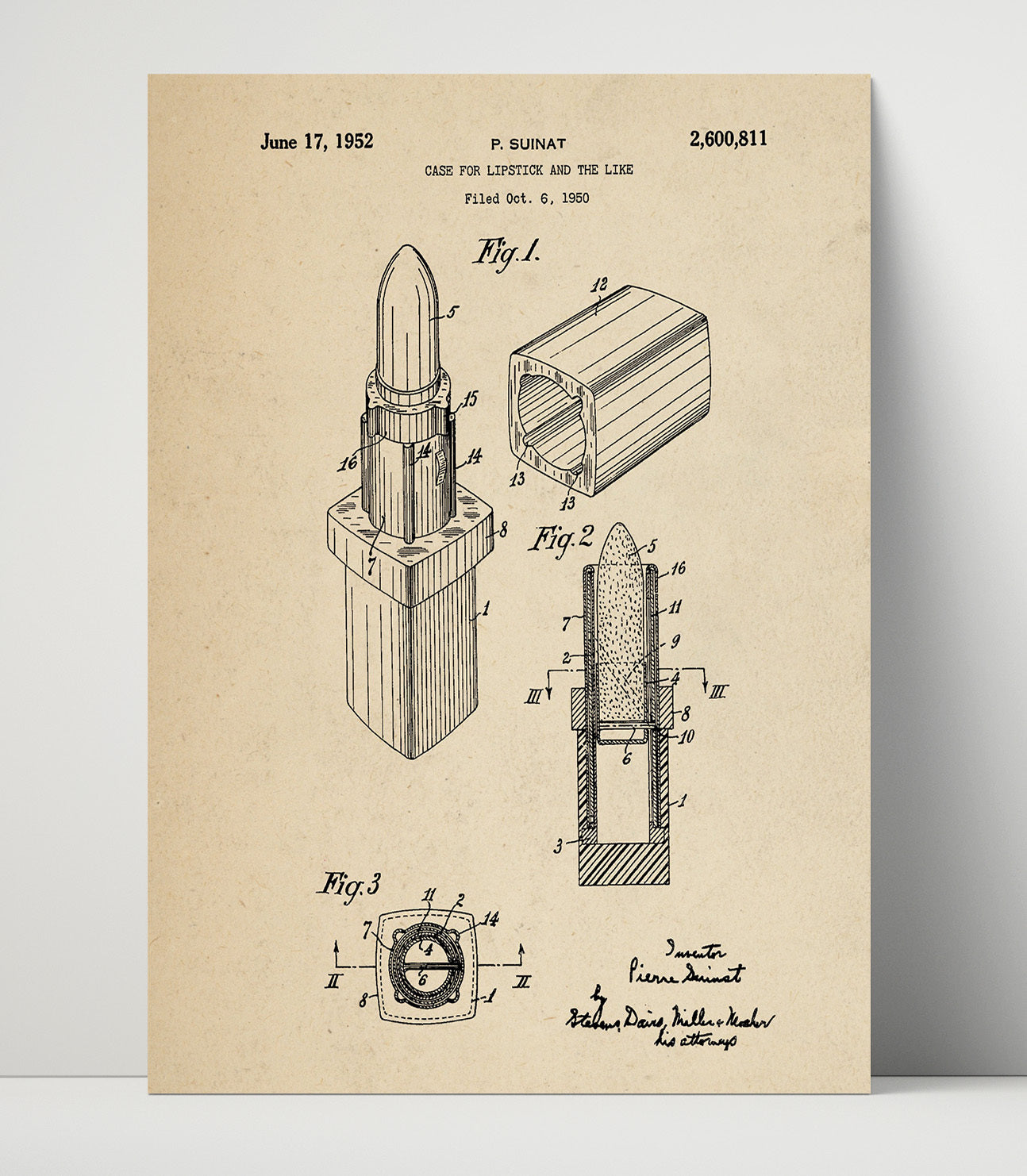 Patent Print - Lipstick Case - Pierre Suinat - 1952 - Patent 2600811 Patent Wall Art