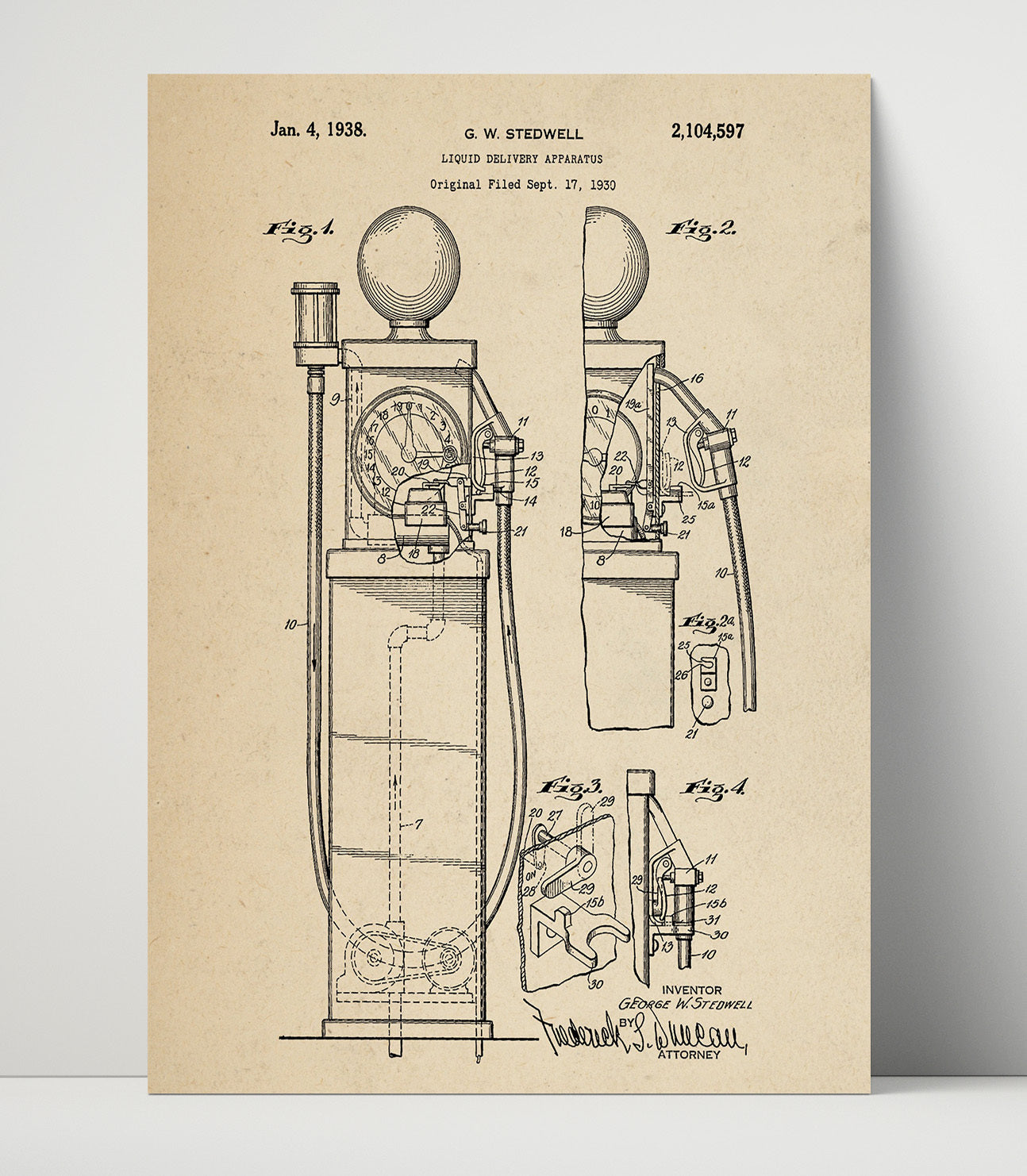 Patent Print - Liquid Delivery Apparatus - George W Stedwell - 1938 - Patent 2104597 Patent Wall Art