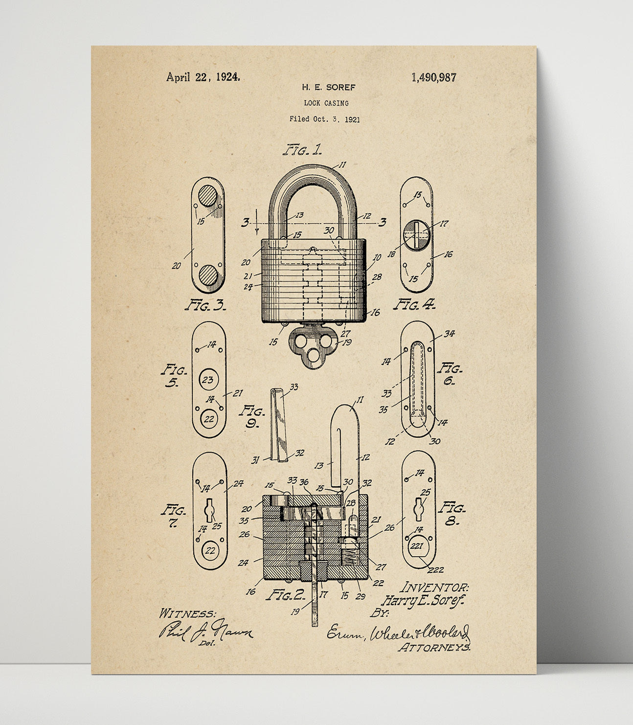 Patent Print - Lock Casing - H. E. Soref - 1924 - Patent 1490987 Patent Wall Art