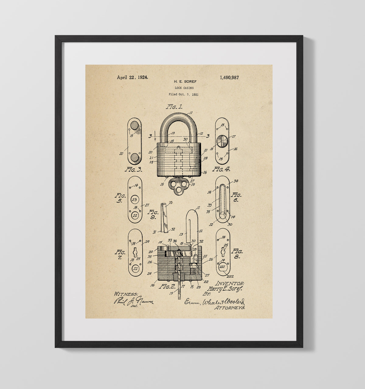 Lock Casing 1924 patent print wall art 16x20 Gallery Frame