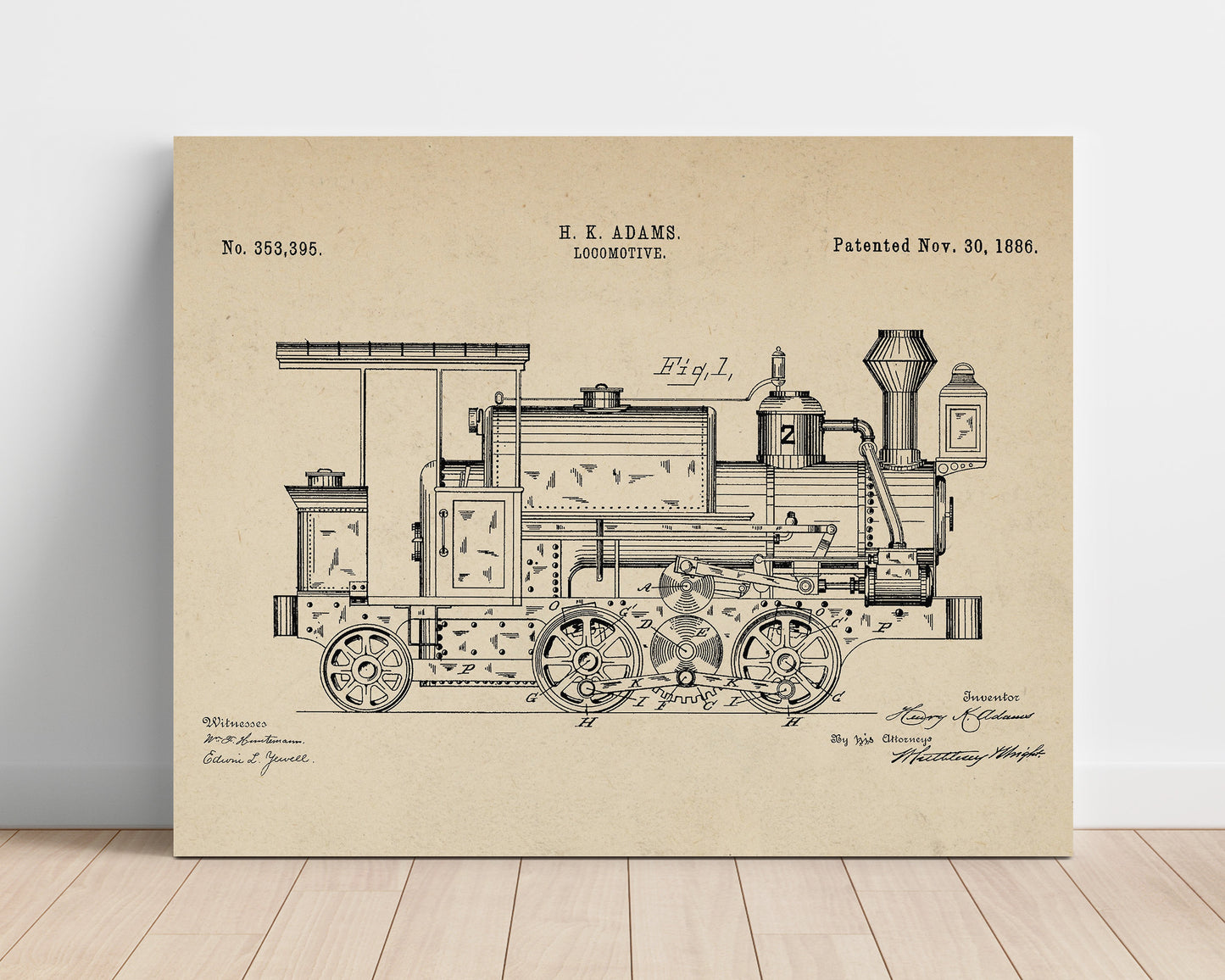 Patent Print - Locomotive - H K Adams - 1886 - Patent 353395 - Landscape Patent Wall Art
