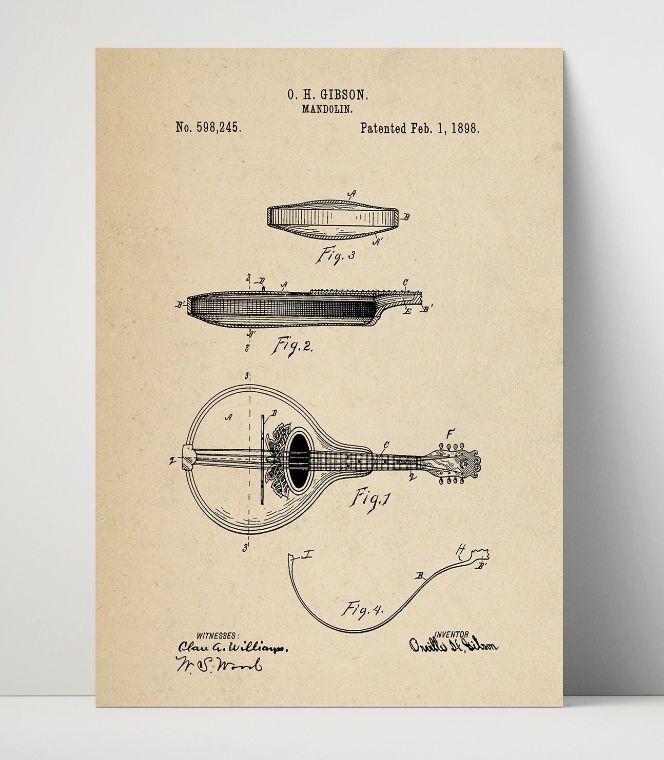 Patent Print - Mandolin - Orville H. Gibson - 1898 - Patent 598245 Patent Wall Art