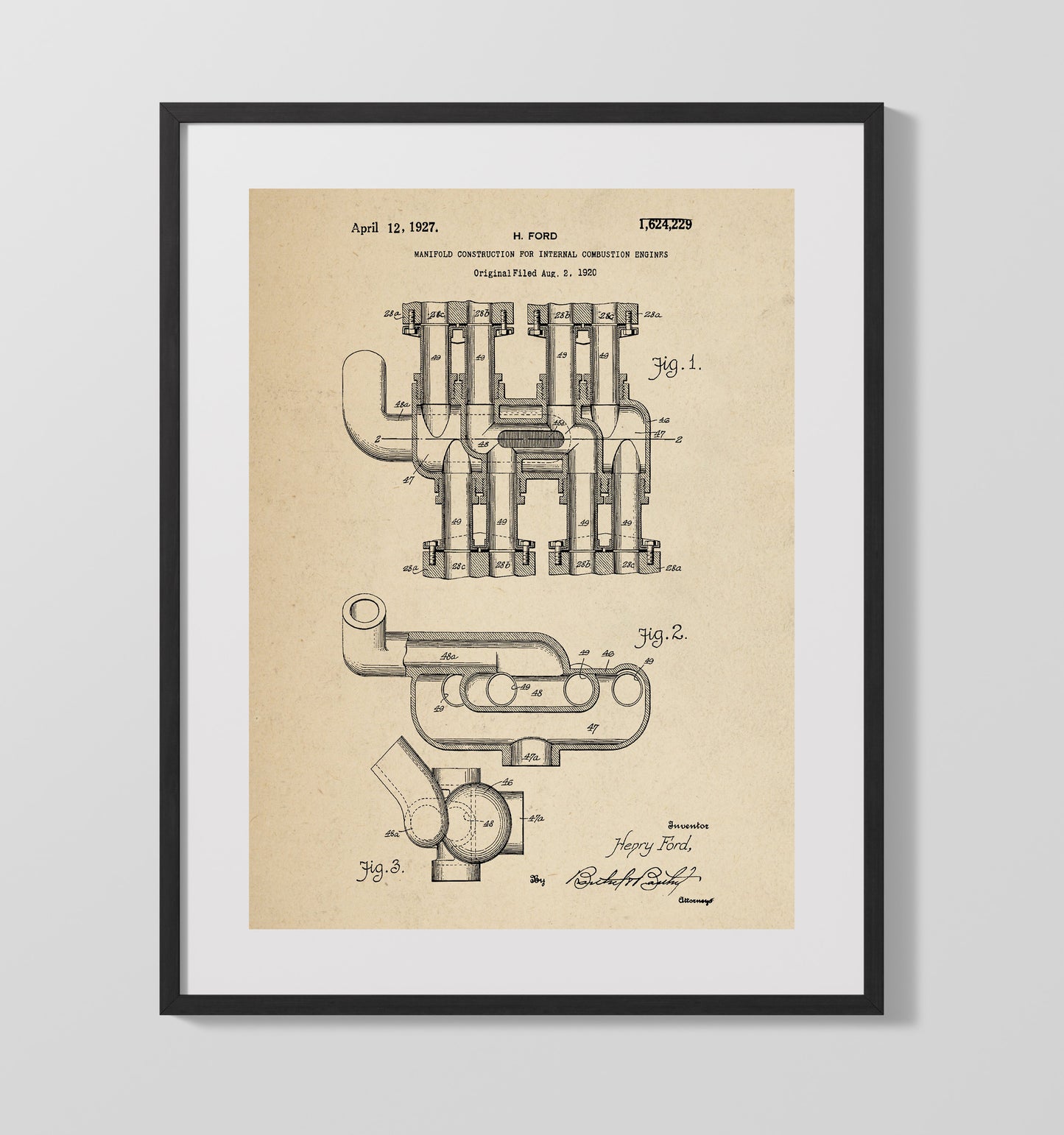 Manifold Construction For Internal Combustion Engines 1927 patent print wall art 16x20 Gallery Frame