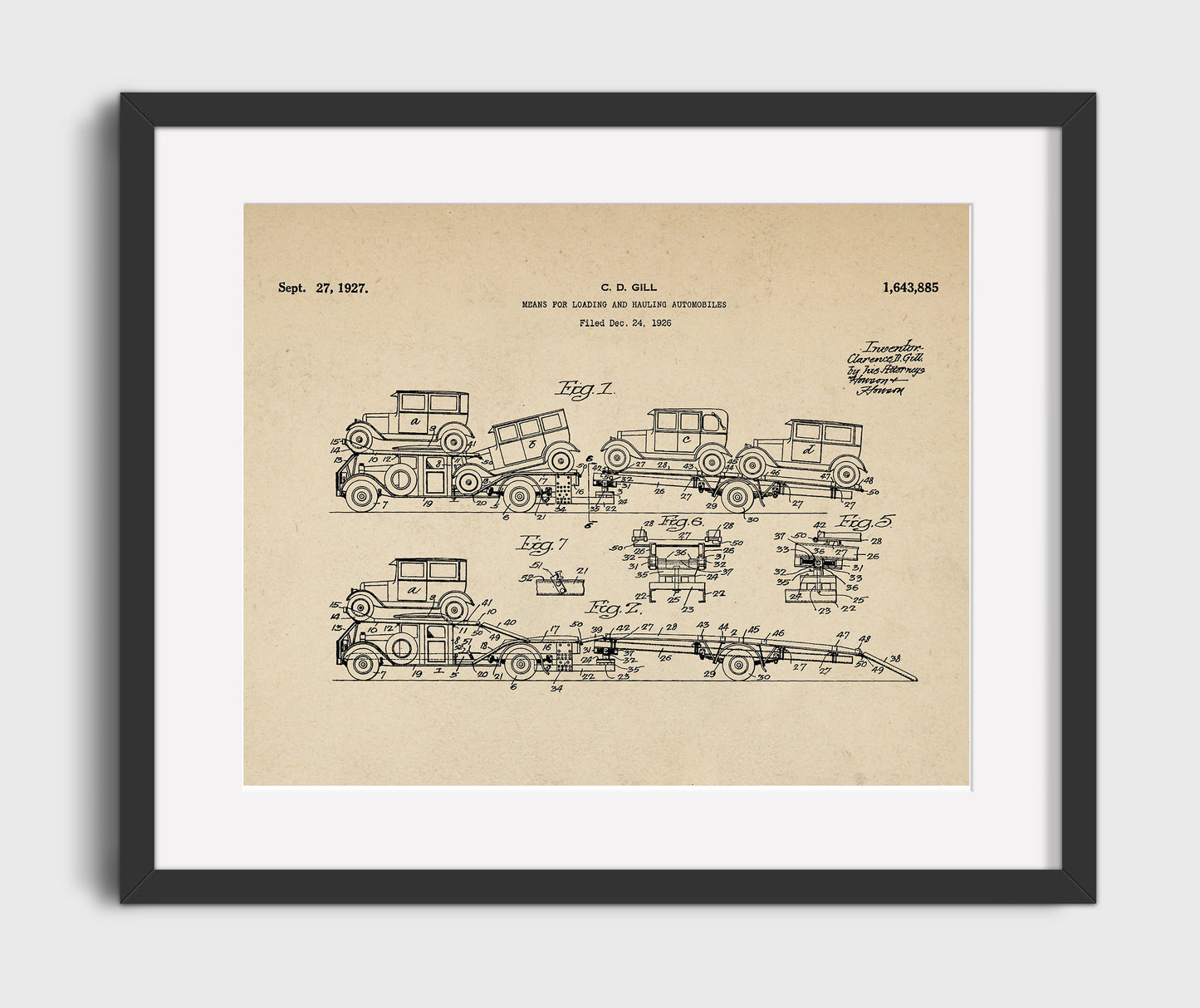 Means For Loading And Hauling Automobiles 1927 patent print wall art 16x20 Gallery Frame