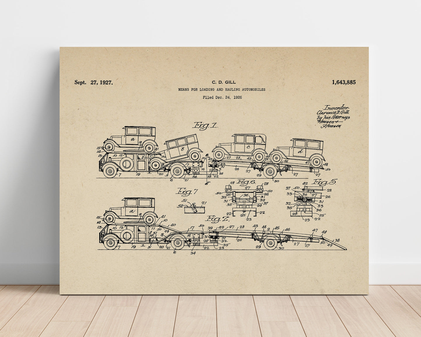 Patent Print - Means For Loading And Hauling Automobiles - Clarence D Gill - 1927 - Patent 1643885 - Landscape Patent Wall Art