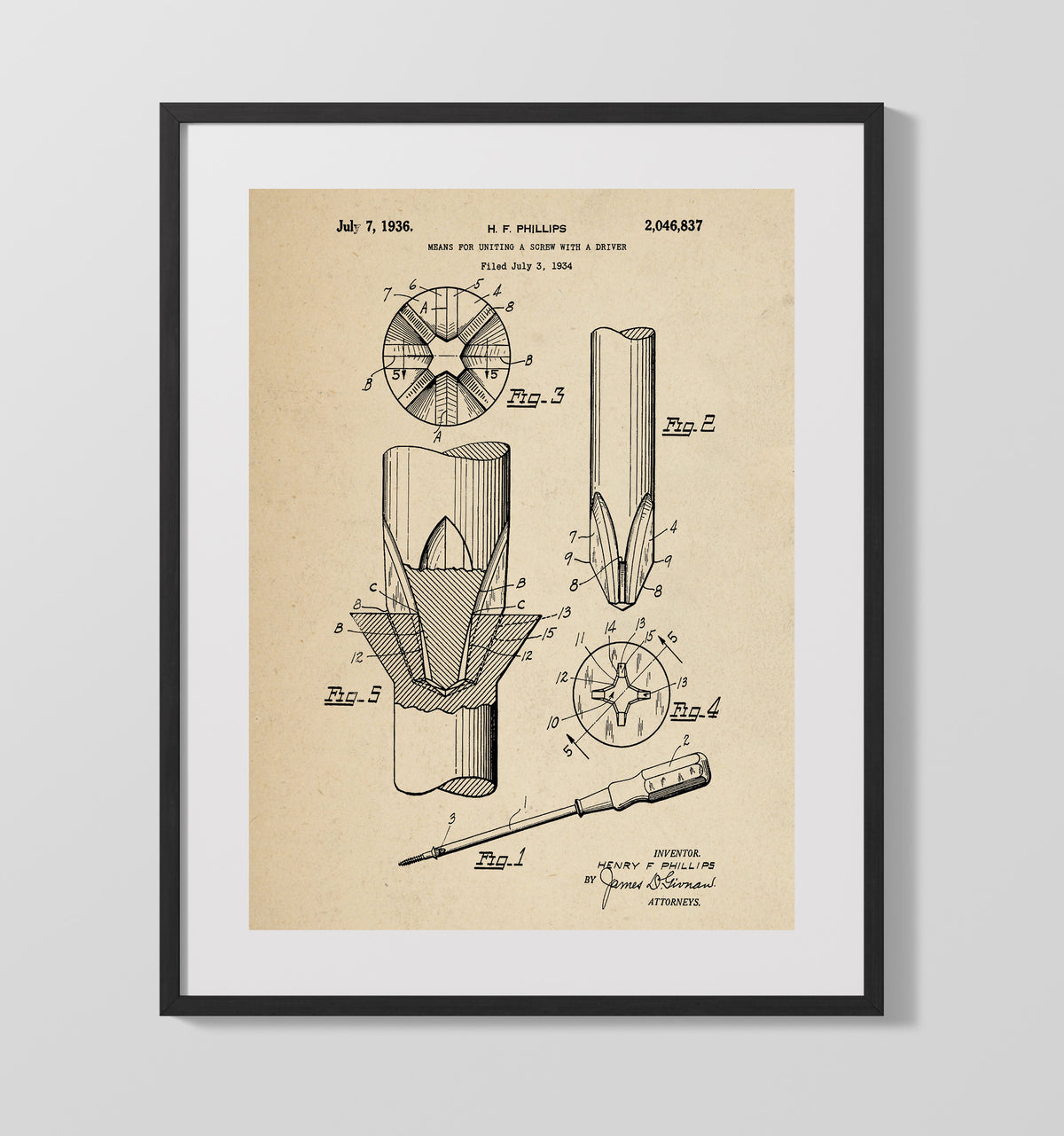 Means For Uniting A Screw With A Driver 1936 patent print wall art 16x20 Gallery Frame