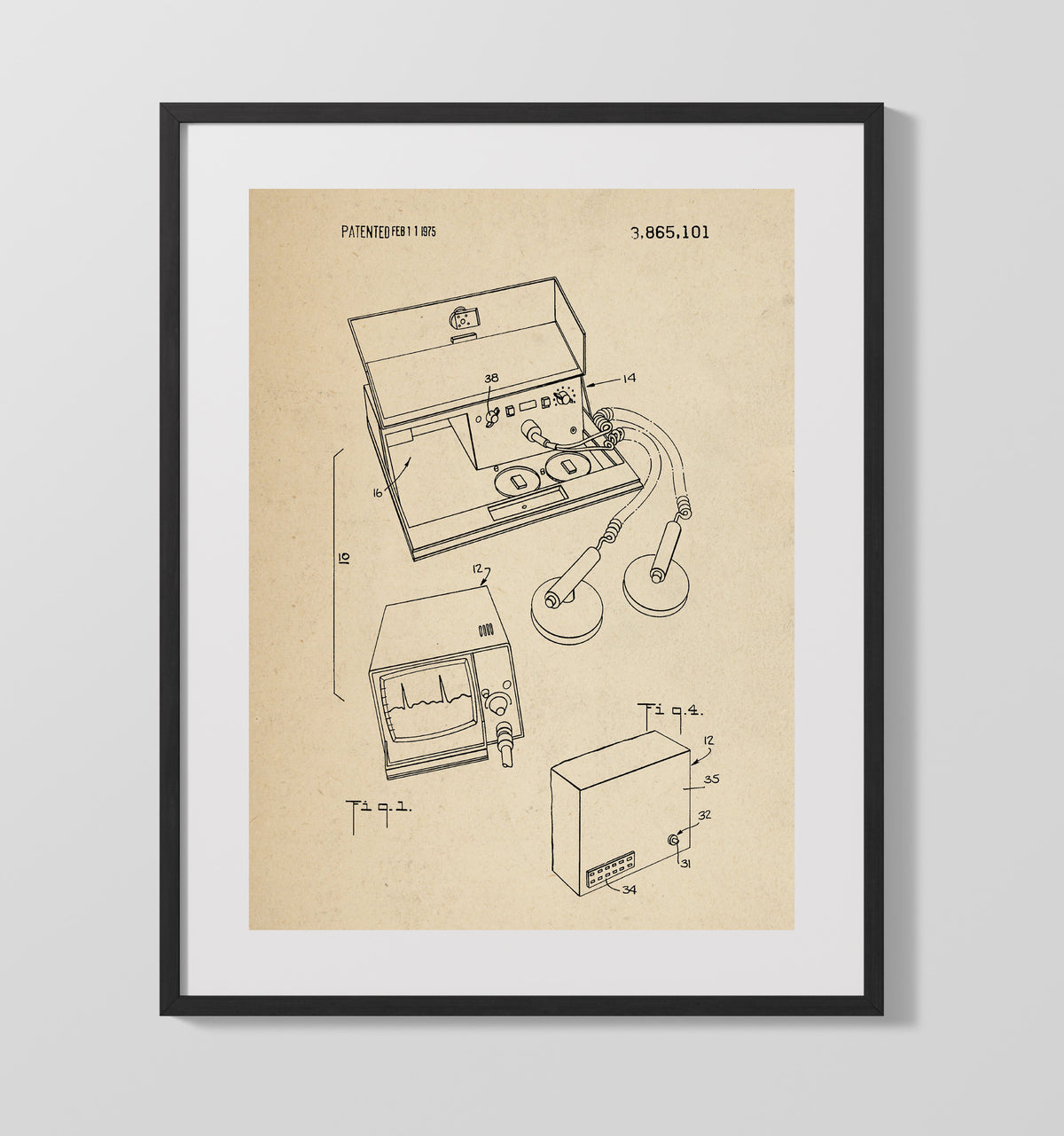 Medical Cardiac Monitoring Device 1975 patent print wall art 16x20 Gallery Frame