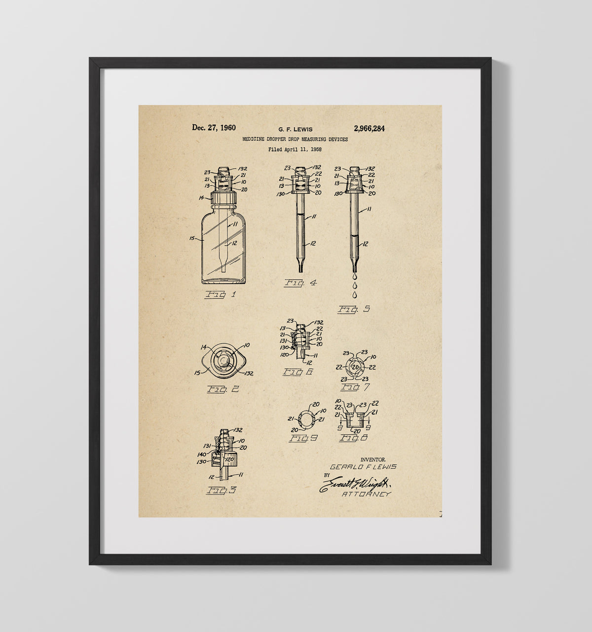 Medicine Dropper Measuring Devices 1960 patent print wall art 16x20 Gallery Frame