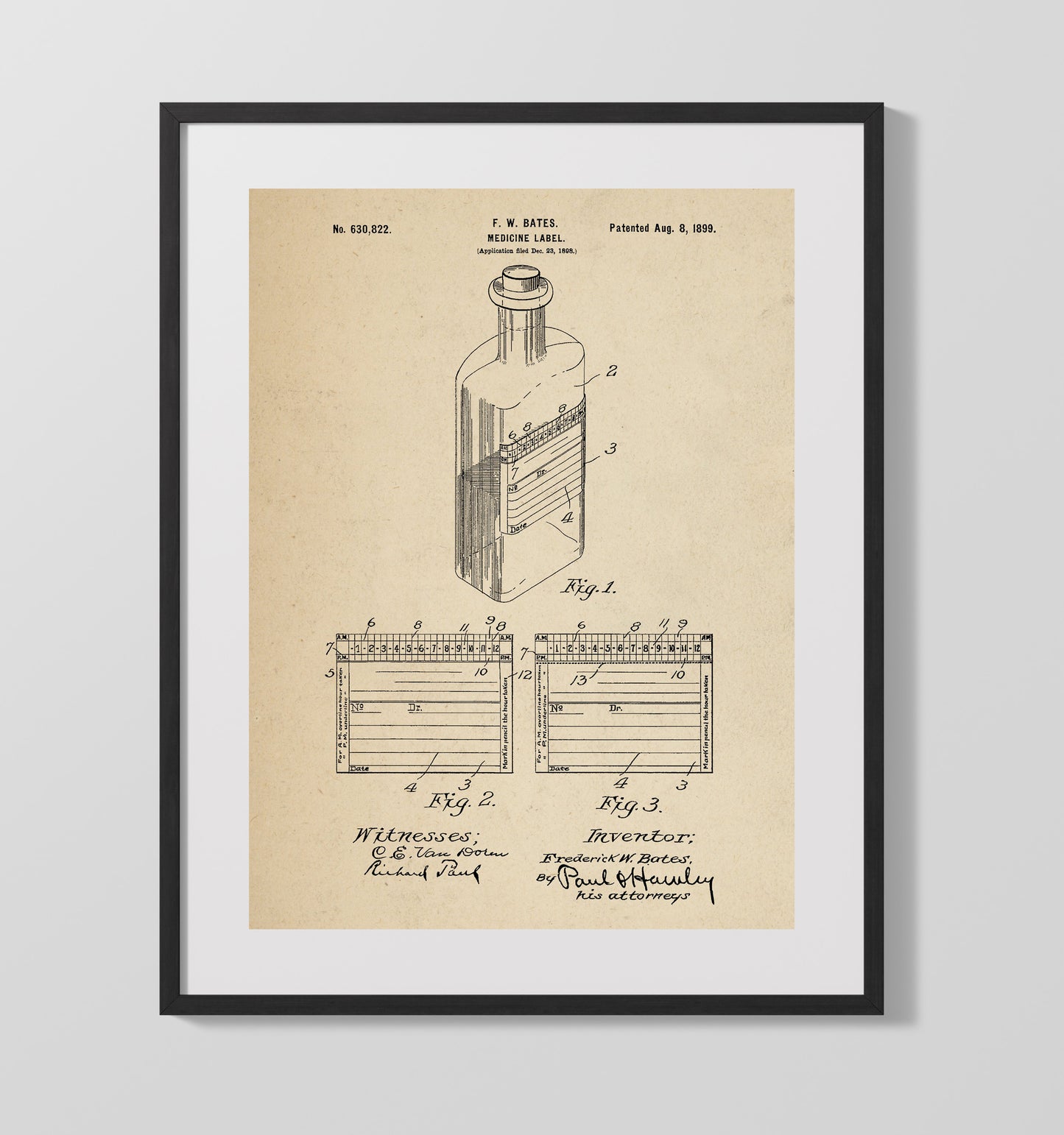 Medicine Label 1899 patent print wall art 16x20 Gallery Frame