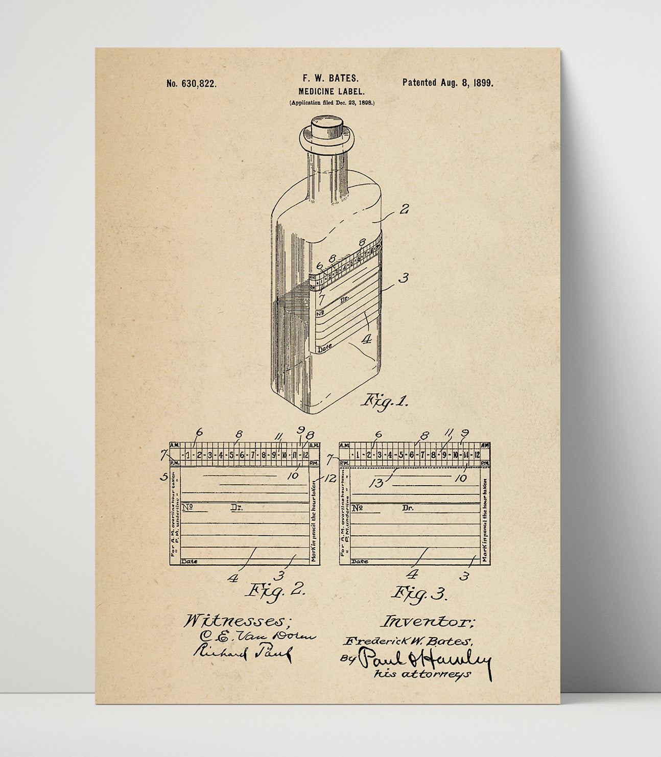 Patent Print - Medicine Label - F. W. Bates - 1899 - Patent 630822 Patent Wall Art