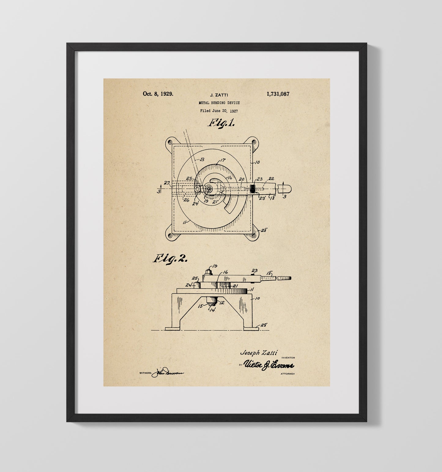 Metal Bending Device 1929 patent print wall art 16x20 Gallery Frame