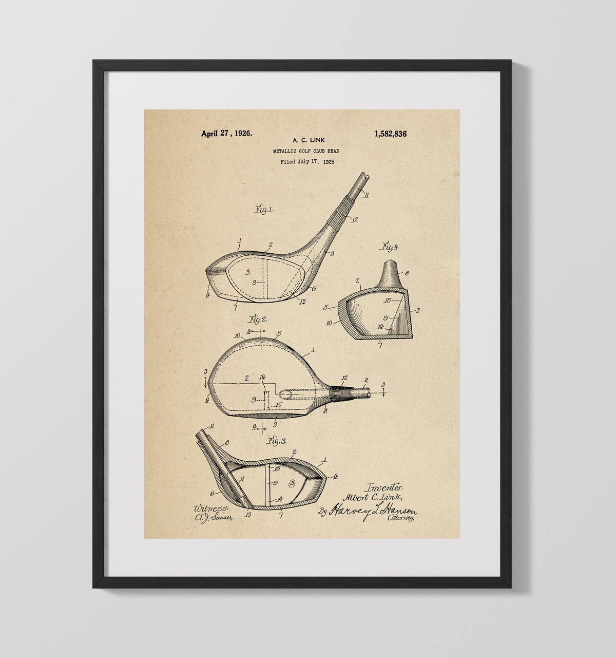 Metallic Golf Club Head 1926 patent print wall art 16x20 Gallery Frame