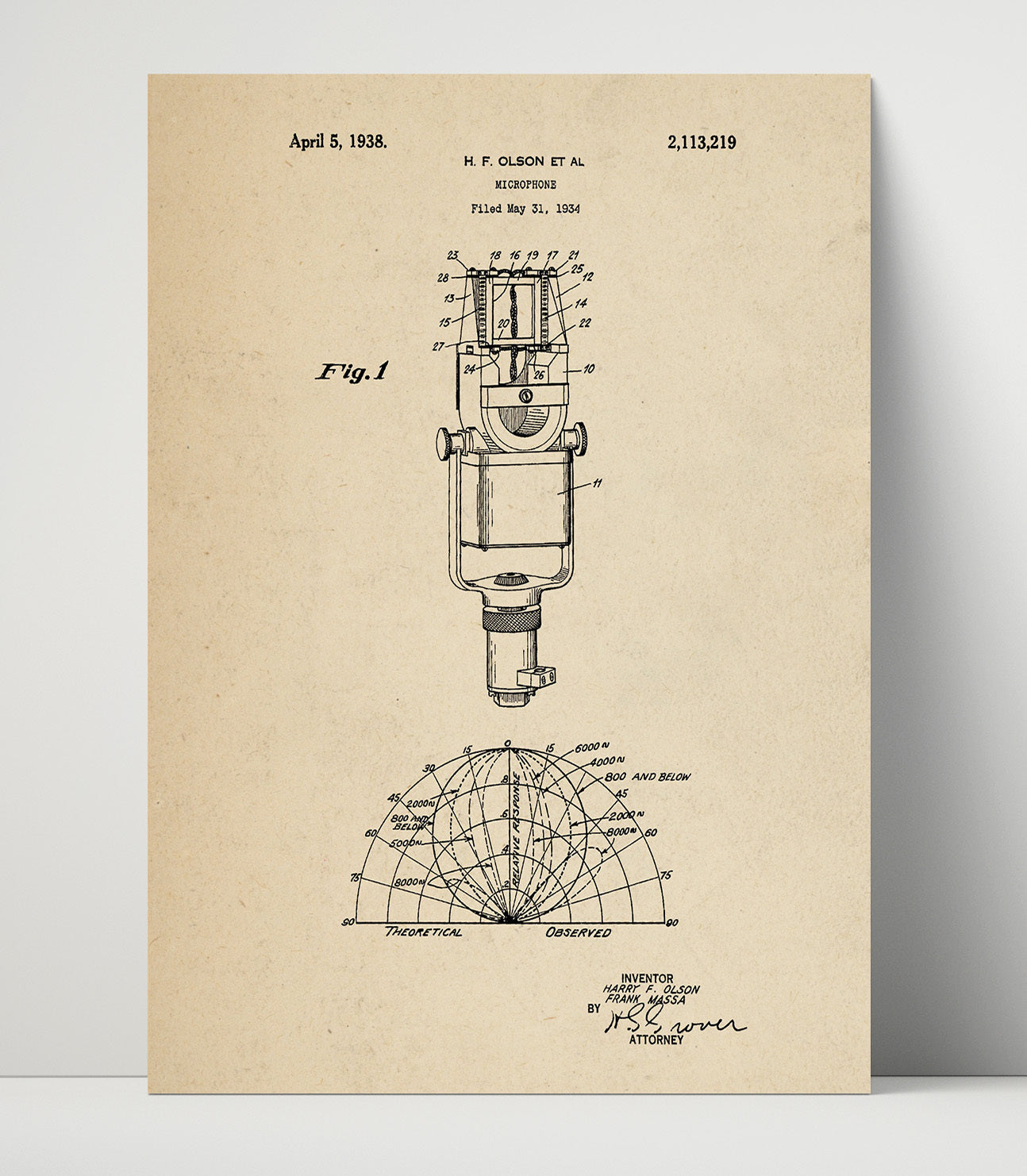 Patent Print - Microphone - Harry F. Olson And Frank Massa - 1938 - Patent 2113219 Patent Wall Art