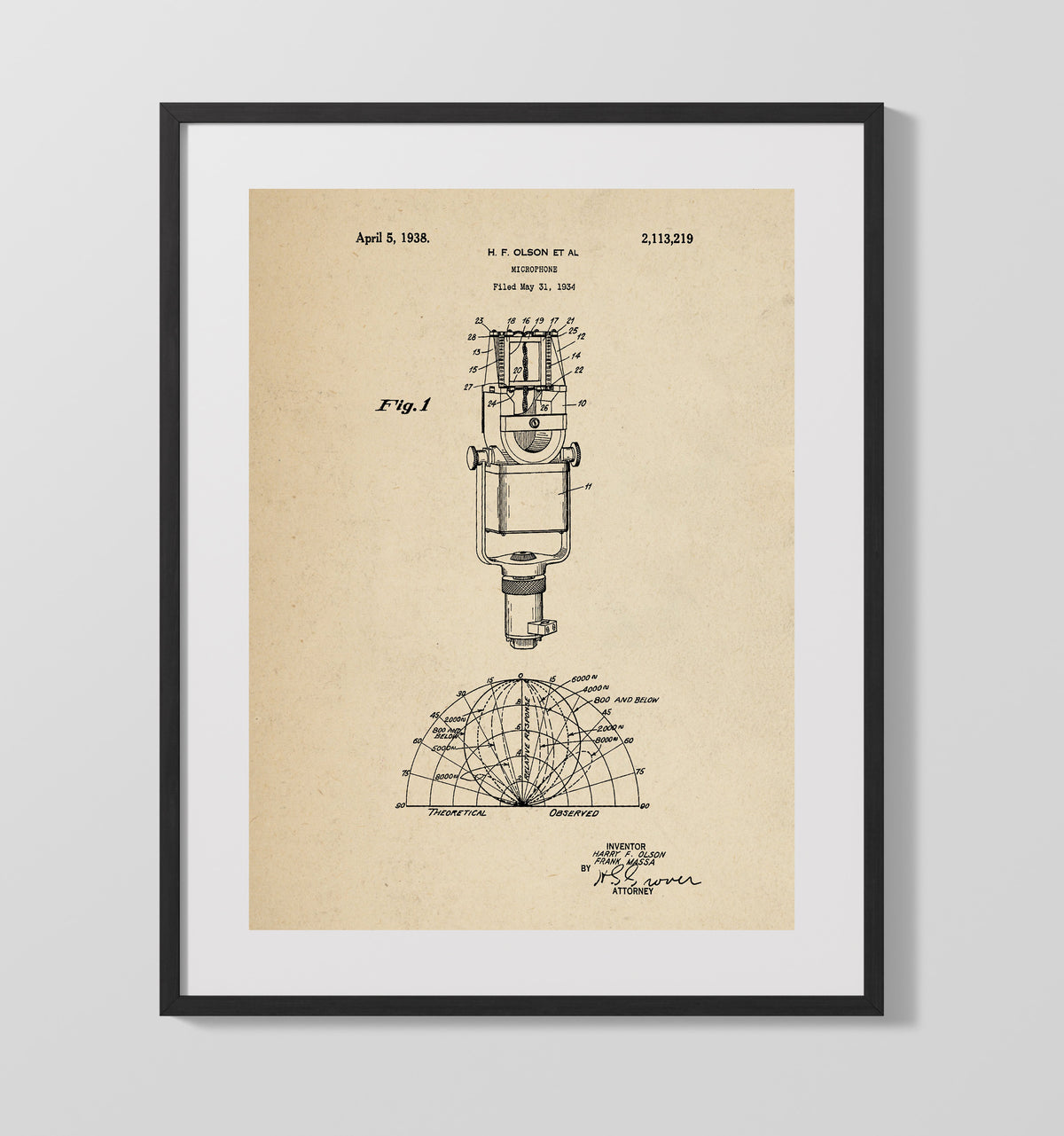 Microphone 1938 patent print wall art 16x20 Gallery Frame