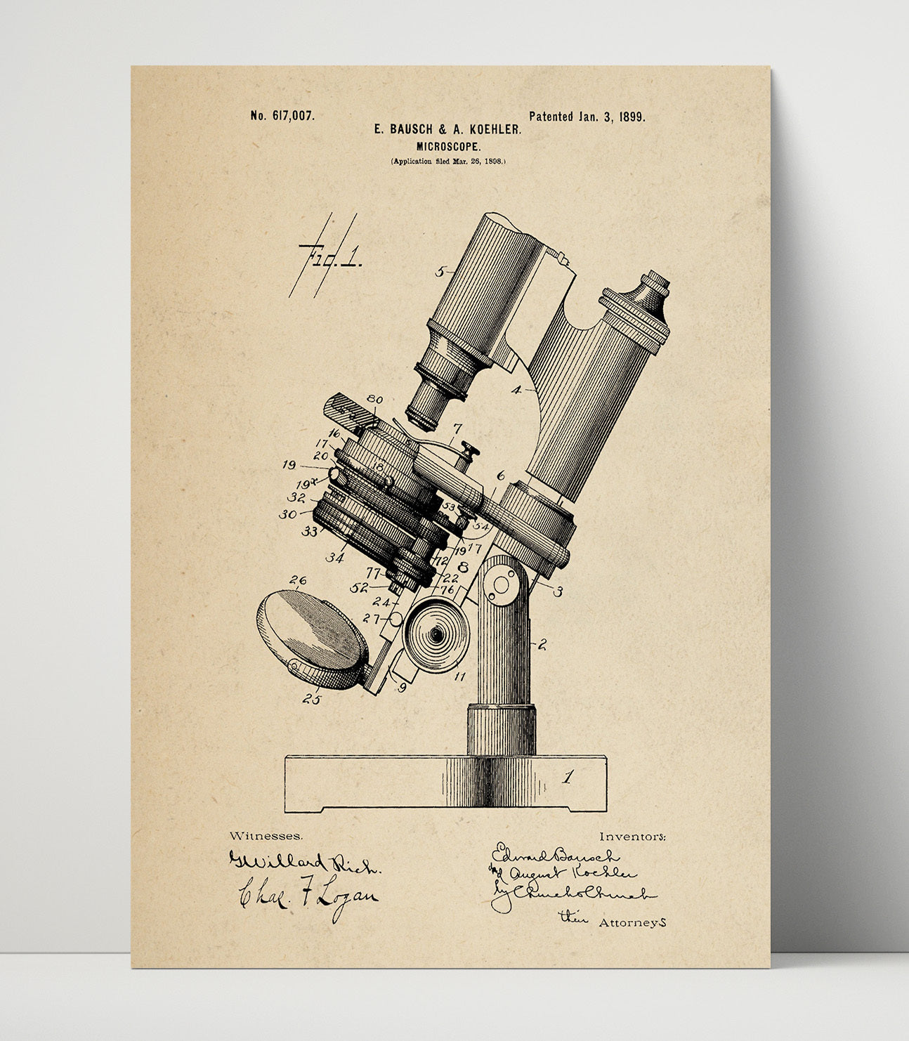 Patent Print - Microscope - Edward Bausch And August Koehler - 1899 - Patent 617007 Patent Wall Art