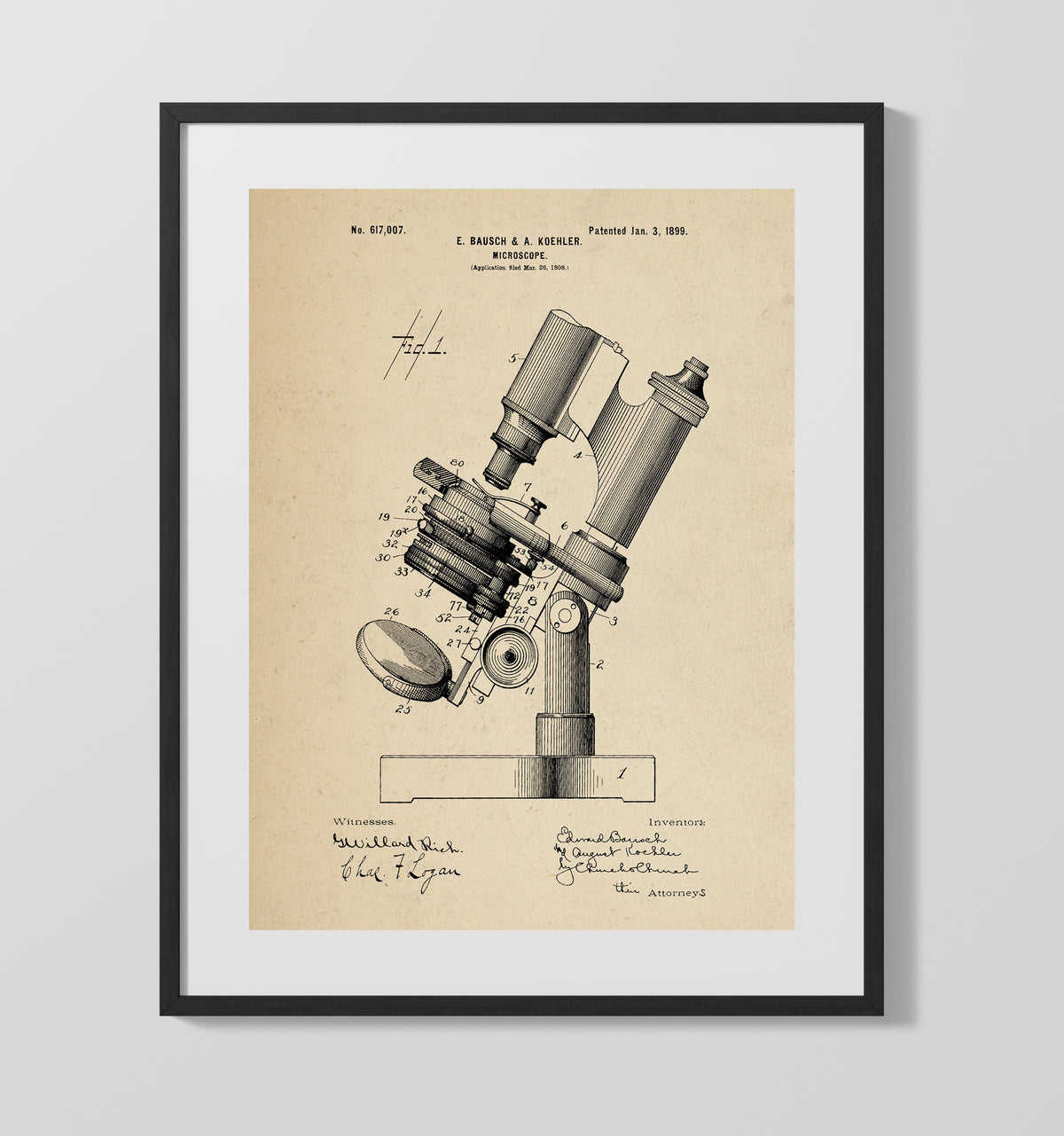 Microscope 1899 patent print wall art 16x20 Gallery Frame