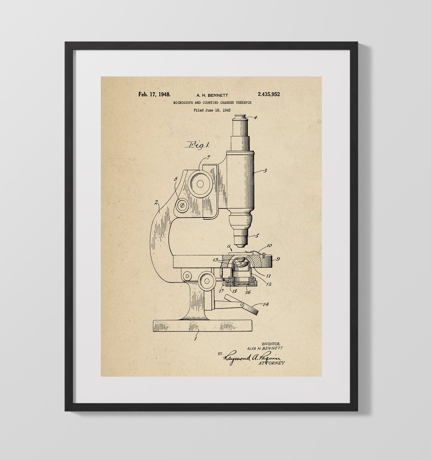 Microscope And Counting Chamber 1948 patent print wall art 16x20 Gallery Frame
