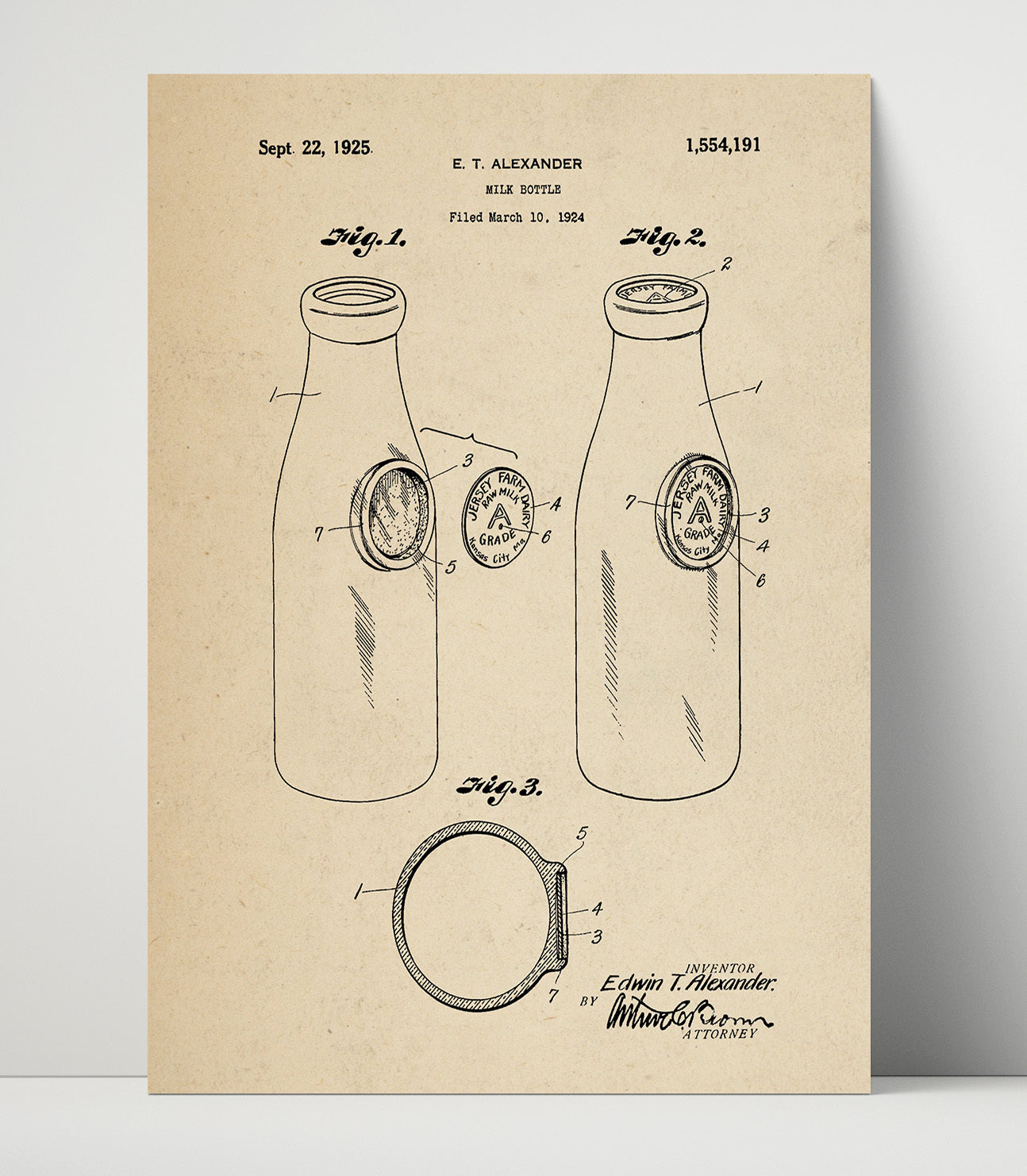 Patent Print - Milk Bottle - E.T. Alexander - 1925 - Patent 1554191 Patent Wall Art