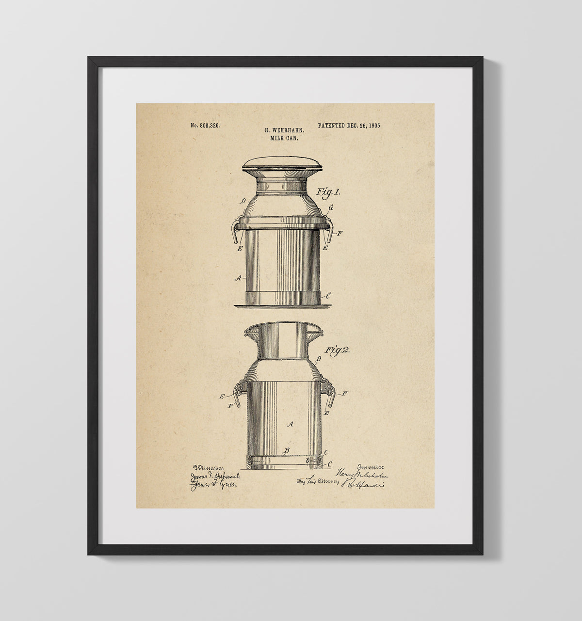 Milk Can 1905 patent print wall art 16x20 Gallery Frame